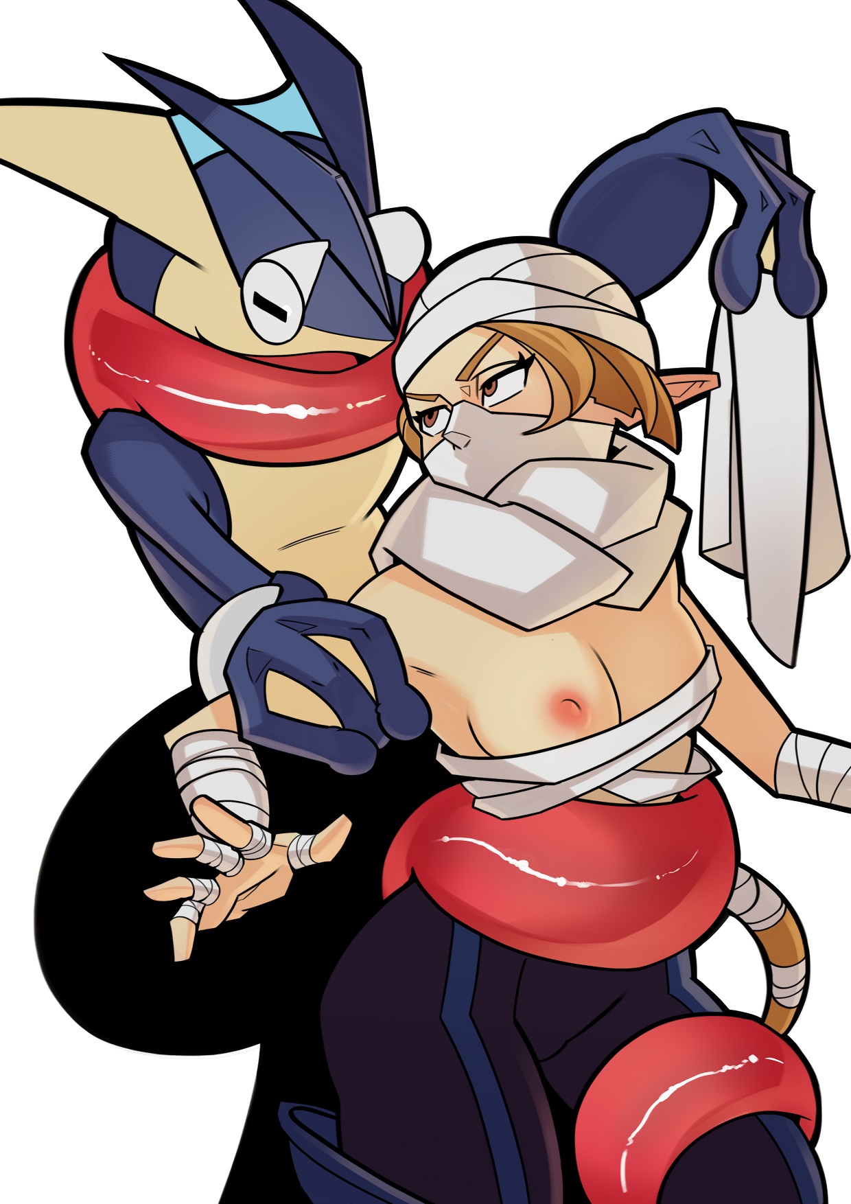 2015, blonde hair, breasts, female, greninja, mask, nintendo, nipples, ocarina of time, pointy ears, pokemon, pokemon (species), pokephilia, sheik, splashbrush, standing, the legend of zelda, undressing, wraps