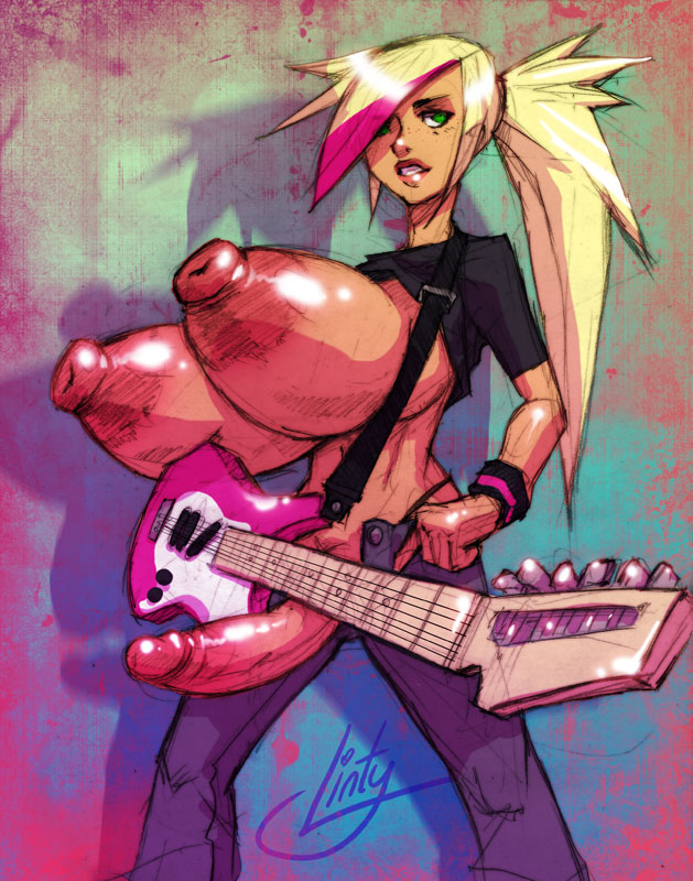 1futa areolae balls big_breasts big_lips big_penis bimbo blonde_hair bracelet breasts breasts_out casual dickgirl english_text erection fuchsia_fitzpatrick futa_only futanari green_eyes guitar hair huge_breasts huge_nipples human intersex jeans large_breasts large_penis linty lips makeup multicolored_hair musical_instrument nephilim_lamedh nipples penis ponytail red_lipstick smile solo solo_futa standing testicles text tied_hair wristwear