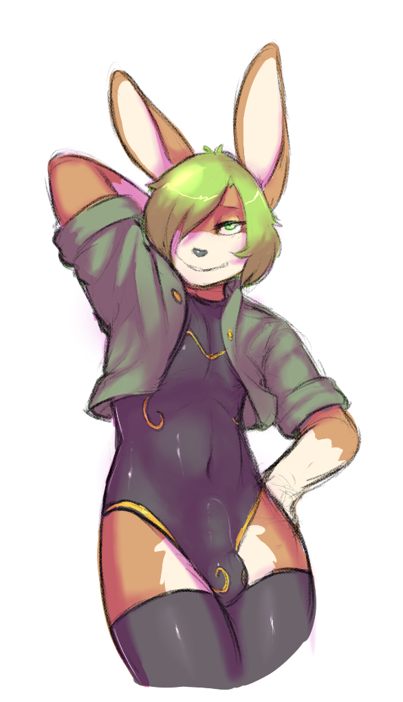 2014 anthro bedroom_eyes brown_fur bulge clothing front_view fur girly green_eyes green_hair hair hair_over_eye half-closed_eyes hand_behind_head hand_on_hip jacket lagomorph legwear leotard looking_at_viewer lotte_(munks) male mammal rabbit shamelessenemy smile solo thigh_highs tight_clothing vpl white_fur