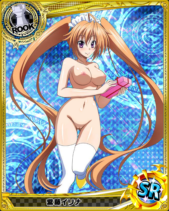 1girls, animius, breasts, card (medium), female, female only, high school dxd, light skin, light-skinned female, no panties, nude, shidou irina, solo, tied hair, twintails, uncensored