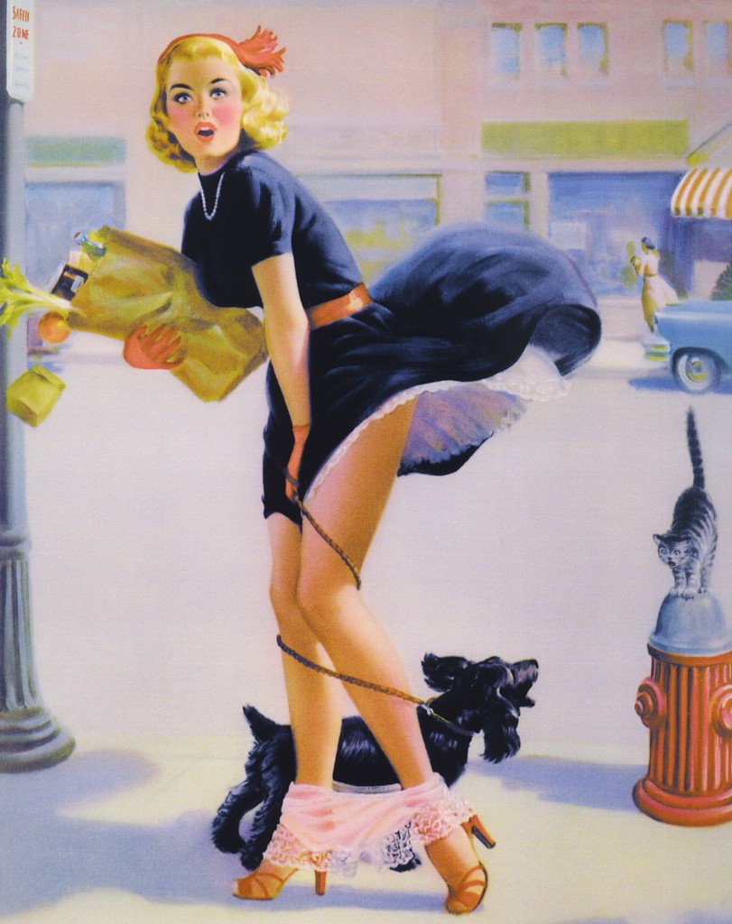 1950 1950s 1girls 20th_century 50's_theme 50s art_frahm ass blonde blonde_female blonde_hair blue_eyes blush cat dog dress female female_only high_heels leash legs_held_together legs_tied lifting_skirt original panties_down pinup pinup_girl realistic straight_hair surprised surprised_expression upskirt vintage wind wind_lift