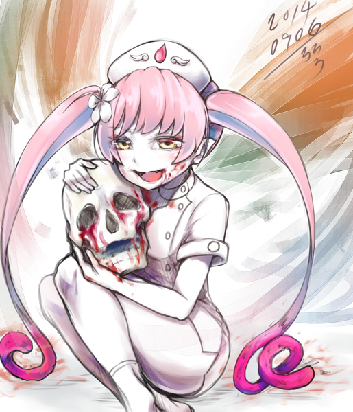 1girls artist_request ass blood ebola-chan female guro looking_at_viewer pink_hair skull solo thighhighs yellow_eyes