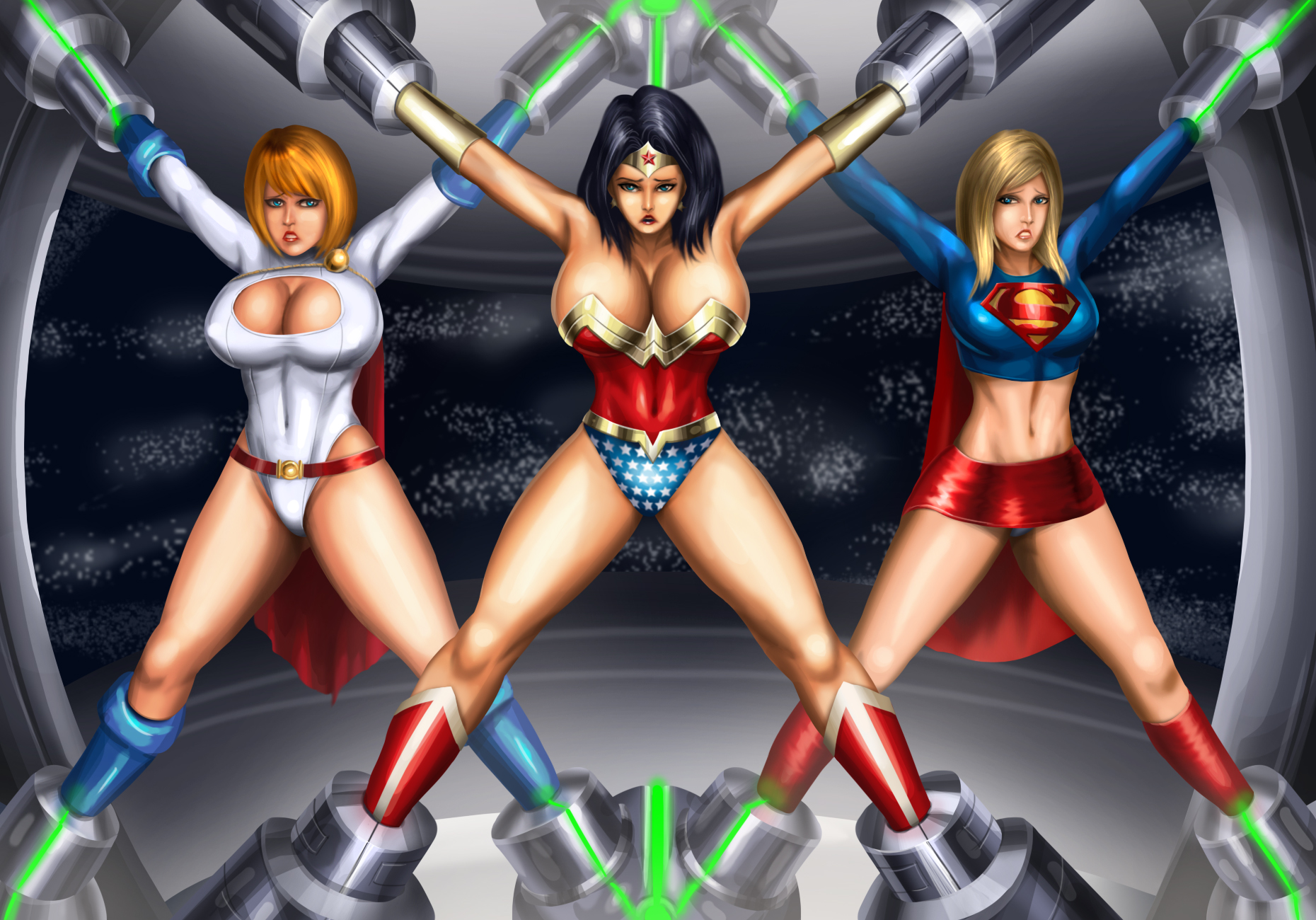 3girls, armpits, belt, black hair, blonde hair, blue eyes, bondage, boots, breasts, busty, cape, cleavage, cleavage cutout, dc, dc comics, depowered, eyeliner, female, helpless, highres, hourglass figure, huge breasts, indoors, laboratory, leotard, lipstick, long hair, looking at viewer, makeup, miniskirt, multiple females, multiple girls, navel, pantyshot, party wipe, power girl, restrained, short hair, standing, supergirl, superman (series), svoidist, tiara, voluptuous, wonder woman, wonder woman (series)