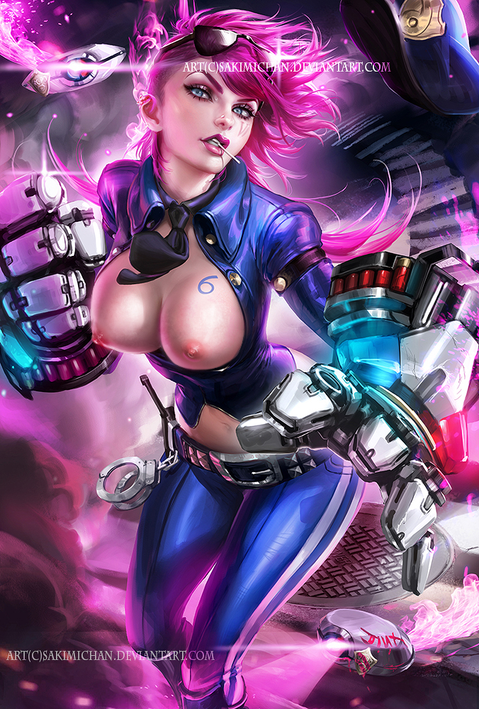 belt, blue eyes, body writing, breasts, breasts out, cigarette, female, female only, gloves, handcuffs, human, large breasts, league of legends, mouth hold, navel, nipples, no bra, officer vi, open clothes, open shirt, pants, pink hair, police uniform, sakimichan, shirt, short hair, solo, standing, sunglasses, tattoo, tie, tight pants, vi