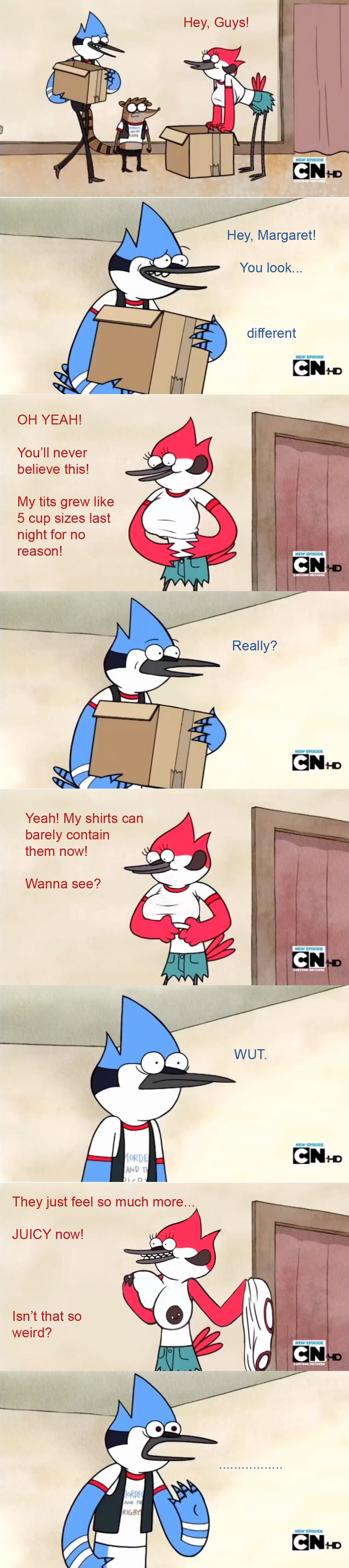 1girls, 2boys, artist request, avian, big breasts, big nipples, bird, black nipples, blue jay, breast expansion, breast grab, breast growth, breast growth (enlargement), breasts, breasts bigger than head, comic, expansion, female, flashing, flashing breasts, happy, huge breasts, hyper breasts, male, margaret smith (regular show), mordecai (regular show), nipple piercing, nipple slip, nipples, piercing, presenting breasts, regular show, rigby (regular show), screencap, screenshot, screenshot edit, shocked, tag, tagme, text
