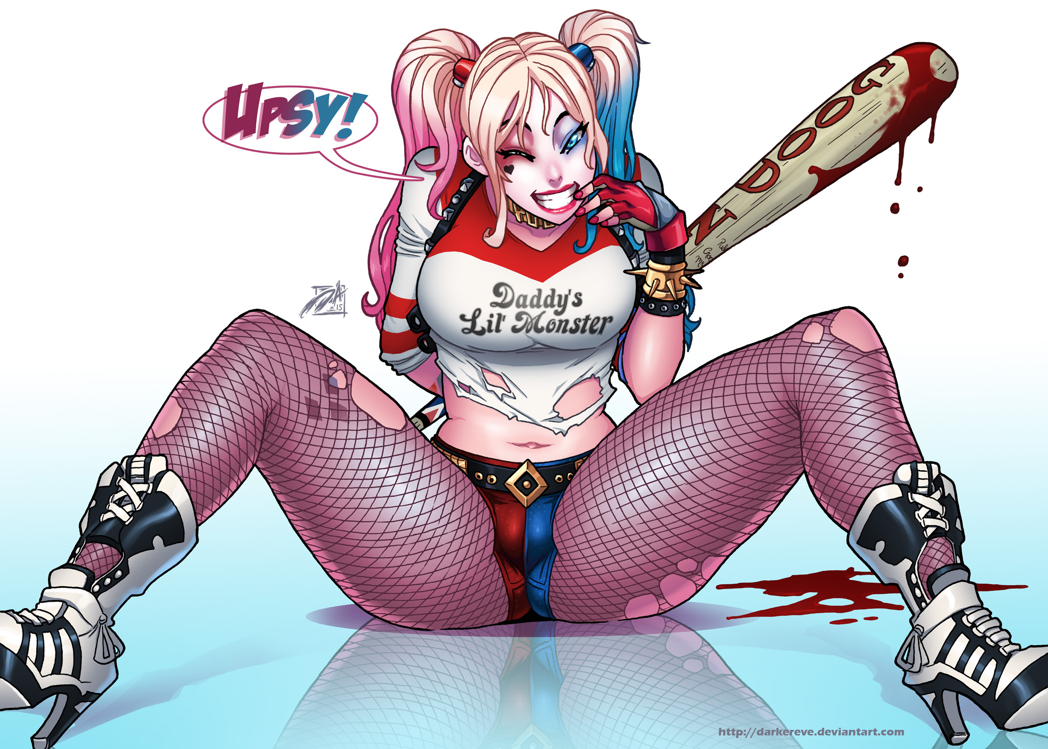 1girls, baseball bat, bat (object), batman (series), belt, blonde hair, blood, blue eyes, boots, breasts, busty, choker, clown makeup, darkereve, dc, dc comics, dc extended universe, eyeliner, eyeshadow, facepaint, female, female only, finger to mouth, fingerless gloves, fishnet, fishnet pantyhose, gloves, grin, harley quinn, high heels, highres, large breasts, lipstick, makeup, navel, pantyhose, shorts, sitting, smile, solo, spiked bracelet, spread legs, suicide squad, tattoo, tied hair, torn clothes, twintails, voluptuous, wink