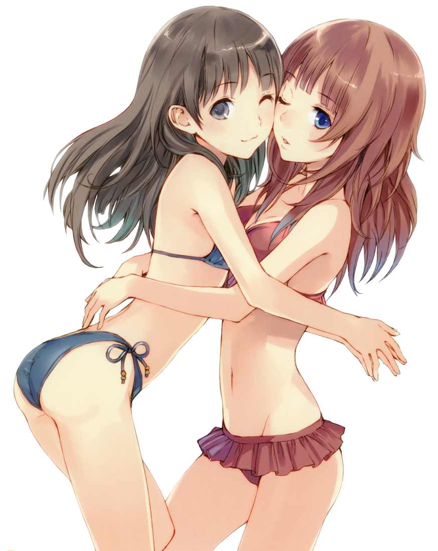 2girls :3 arms_around_waist ass atelier_(series) atelier_rorona atelier_totori bikini black_hair blue_bikini blue_eyes blush breast_press breasts brown_hair cheek-to-cheek cleavage frilled_bikini frills grey_eyes highres hug hugging kishida_mel legs long_hair miniskirt multiple_girls navel official_art one_eye_closed red_bikini red_hair rororina_fryxell side-tie_bikini swimsuit symmetrical_docking totooria_helmold transparent_background wink