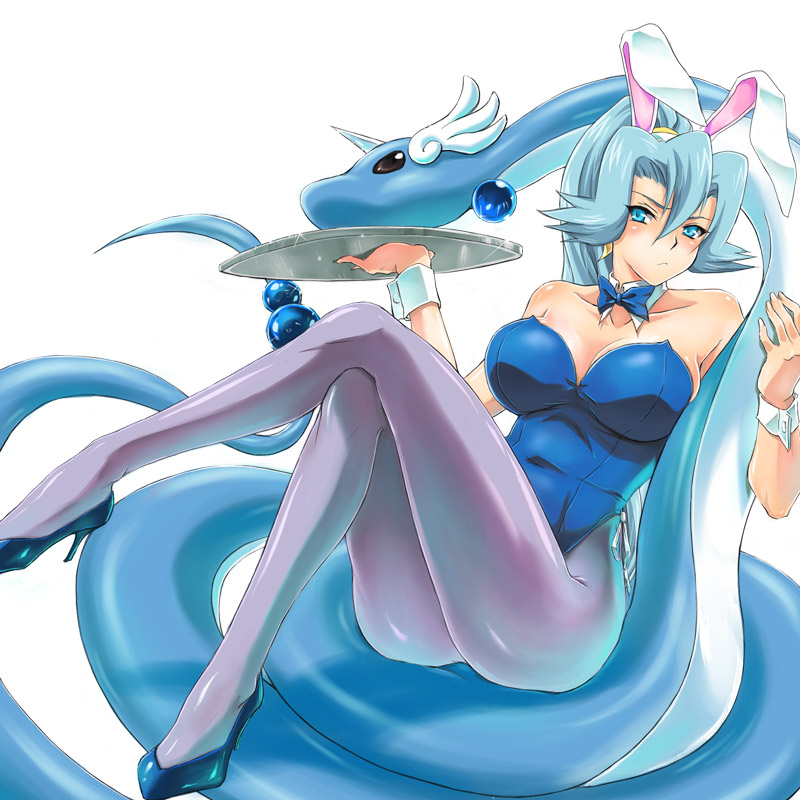 artist request, blue hair, bunny ears, clair (pokemon), female, high heels, human, human only, nintendo, pantyhose, pokemon
