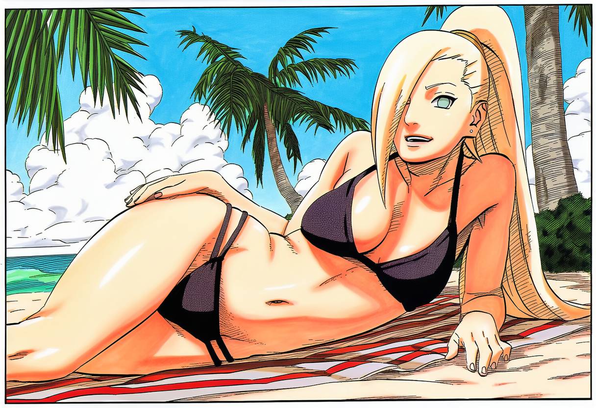 accurate art style, accurate body type, ai generated, beach, big breasts, bikini, bikini bottom, bikini top, blonde hair, gnomro, ino yamanaka, laying on towel, manga style, masashi kishimoto style, naruto, naruto (series), outdoors, outside