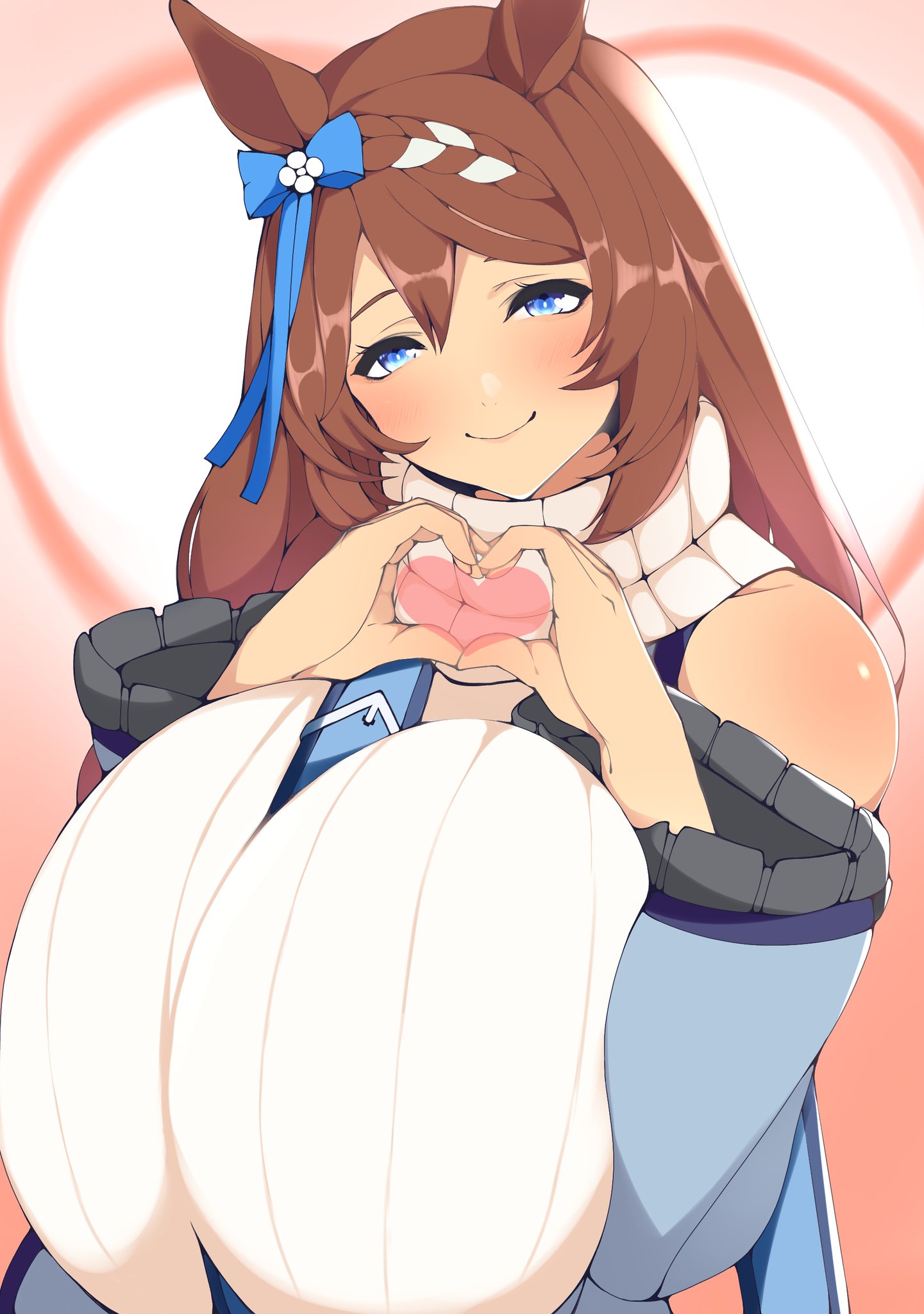 aizawa marimo, blue eyes, boob squish, breast squish, breasts, brown hair, hair, hand heart, horse ears, long hair, super creek (murmuring stream) (umamusume), super creek (umamusume), tagme, umamusume