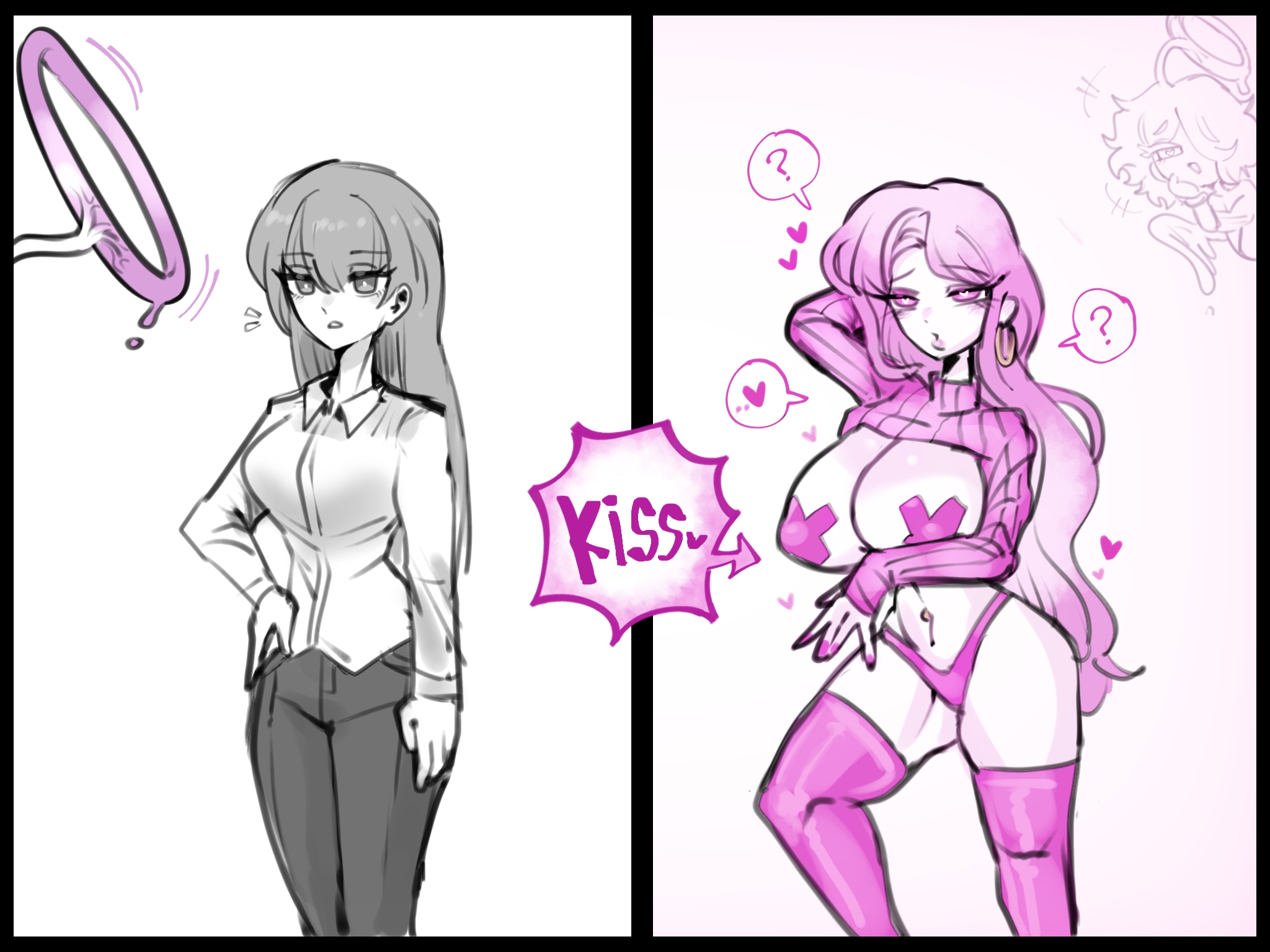 1girls, before and after, big breasts, bimbofication, confused, corruption, demon, gyaru, heart-shaped pupils, identity death, omeok911, original, original character, pink hair