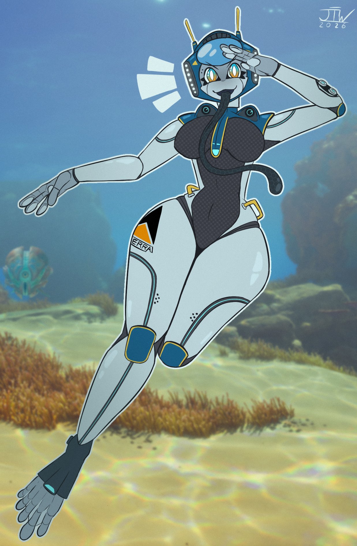 1girls, aquatic, ass, big ass, big thighs, blue eyes, breasts, cute, cute face, cute female, female, female focus, female only, huge ass, huge thighs, jizothewanderer, long tongue, looking at viewer, medium breasts, multicolored eyes, open mouth, orange eyes, original character, robot, robot girl, subnautica, subnautica 2, thick thighs, thighs, tongue, tongue out, underwater, water