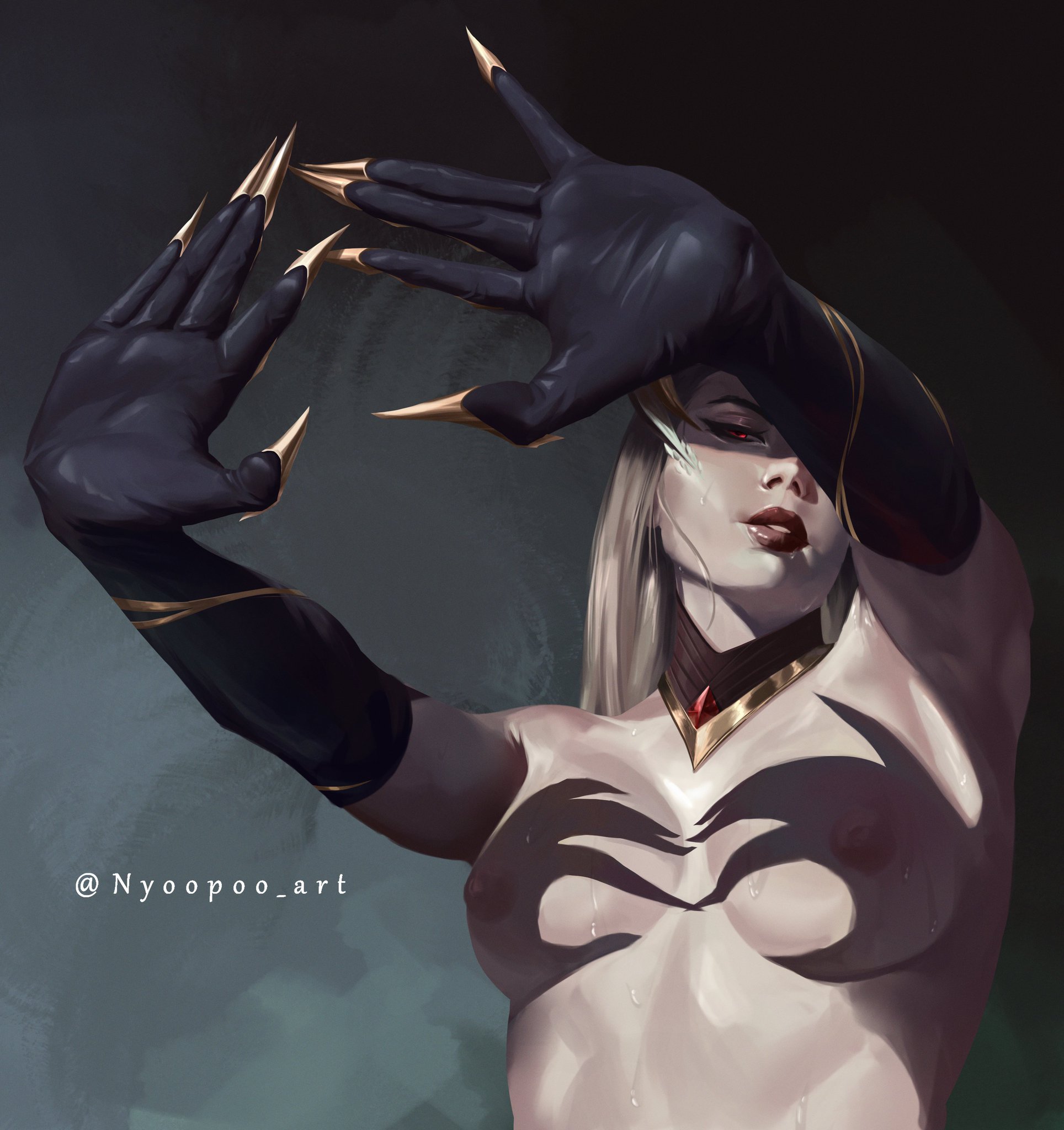 1girls, armpits, armwear, blonde, blonde female, blonde hair, blonde-haired female, breasts, coven evelynn, evelynn, female, female only, gauntlets, hands casting shadow, league of legends, necklace, neckwear, nipples, nyoopoo, red eyes, shadow, sweat