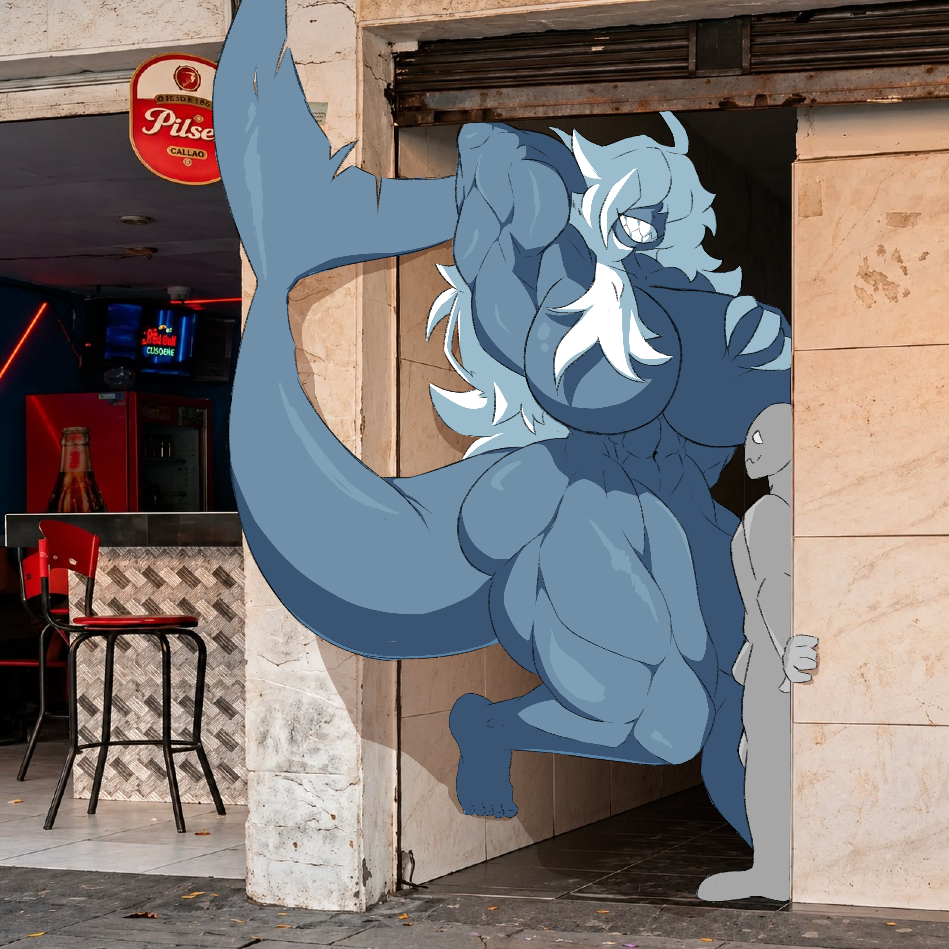2d, 2d (artwork), alleyway milf (meme), big ass, big breasts, bigger female, blue skin, boner, claws, colombia, covered eyes, curly hair, defined muscles, female, female focus, grinning, huge ass, huge breasts, large ass, large breasts, long hair, looking down, medellin, colombia, meme, meme reference, muscular, muscular female, muscular thighs, original character, photo background, pilsen callao, rem kid, scared expression, shark, shark girl, shark tail, sharp teeth, size difference, smaller male, thick thighs, thighs bigger than head, thunder thighs, white hair, wide hips