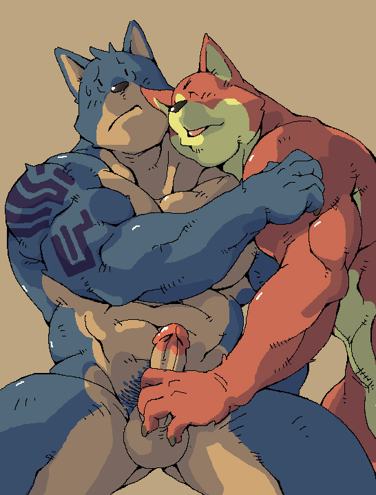 anthro balls biceps blue_fur canine dandoo duo edit erection fur furry furry_only male mammal masturbation multiple_males muscles nude penis pixel_art plain_background red_fur sweat tattoo uncensored yaoi