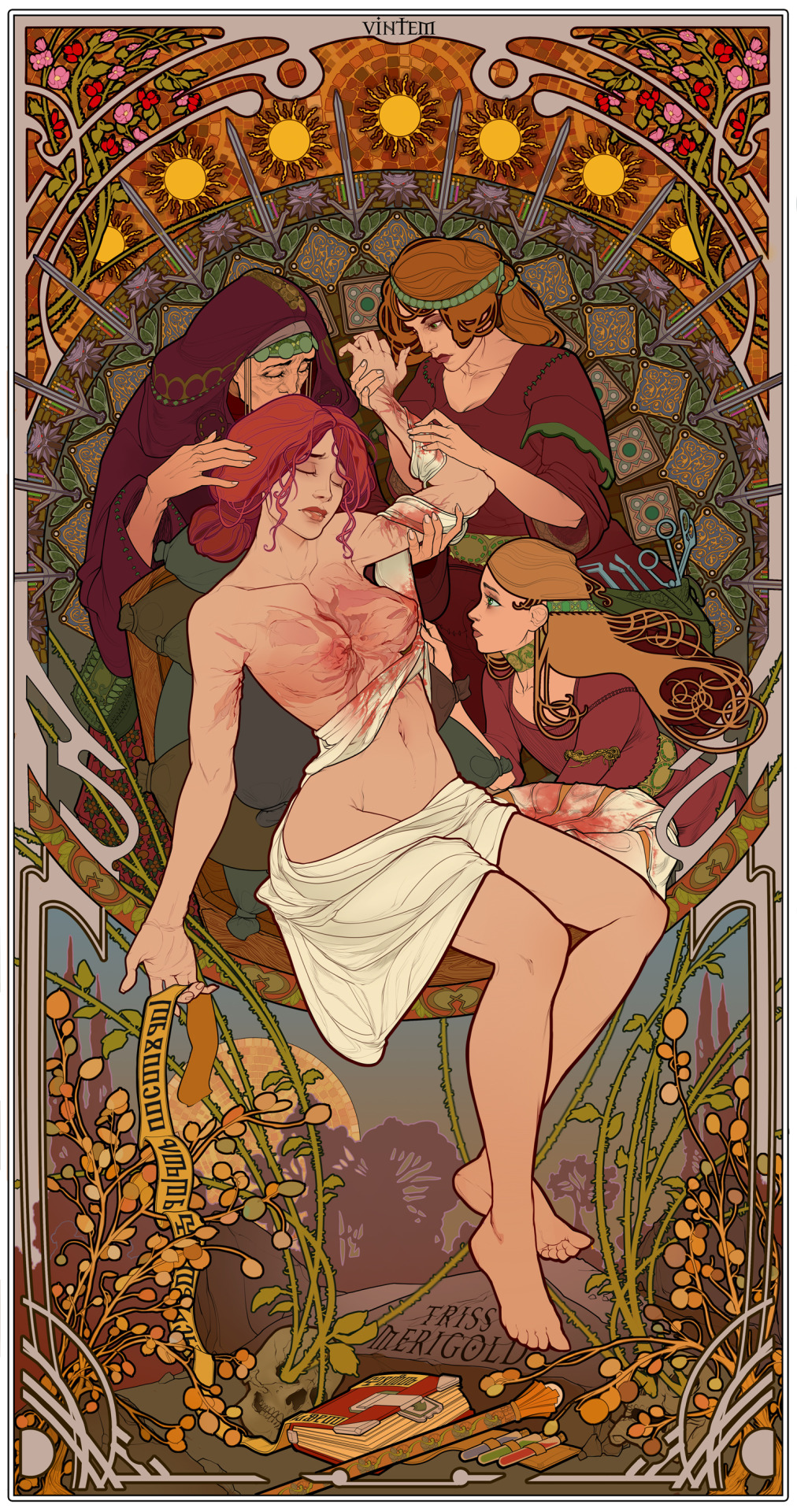 4girls andrzej_sapkowski art_nouveau bleeding blood breasts burn burn_wound burns cd_projekt_red closed_eyes cut female hair_bun multiple_girls navel nipples no_visible_genitalia painful red_hair scar solo_focus the_witcher the_witcher_(series) the_witcher_2 the_witcher_3:_wild_hunt triss_merigold tumblr_link vintem wound wounded