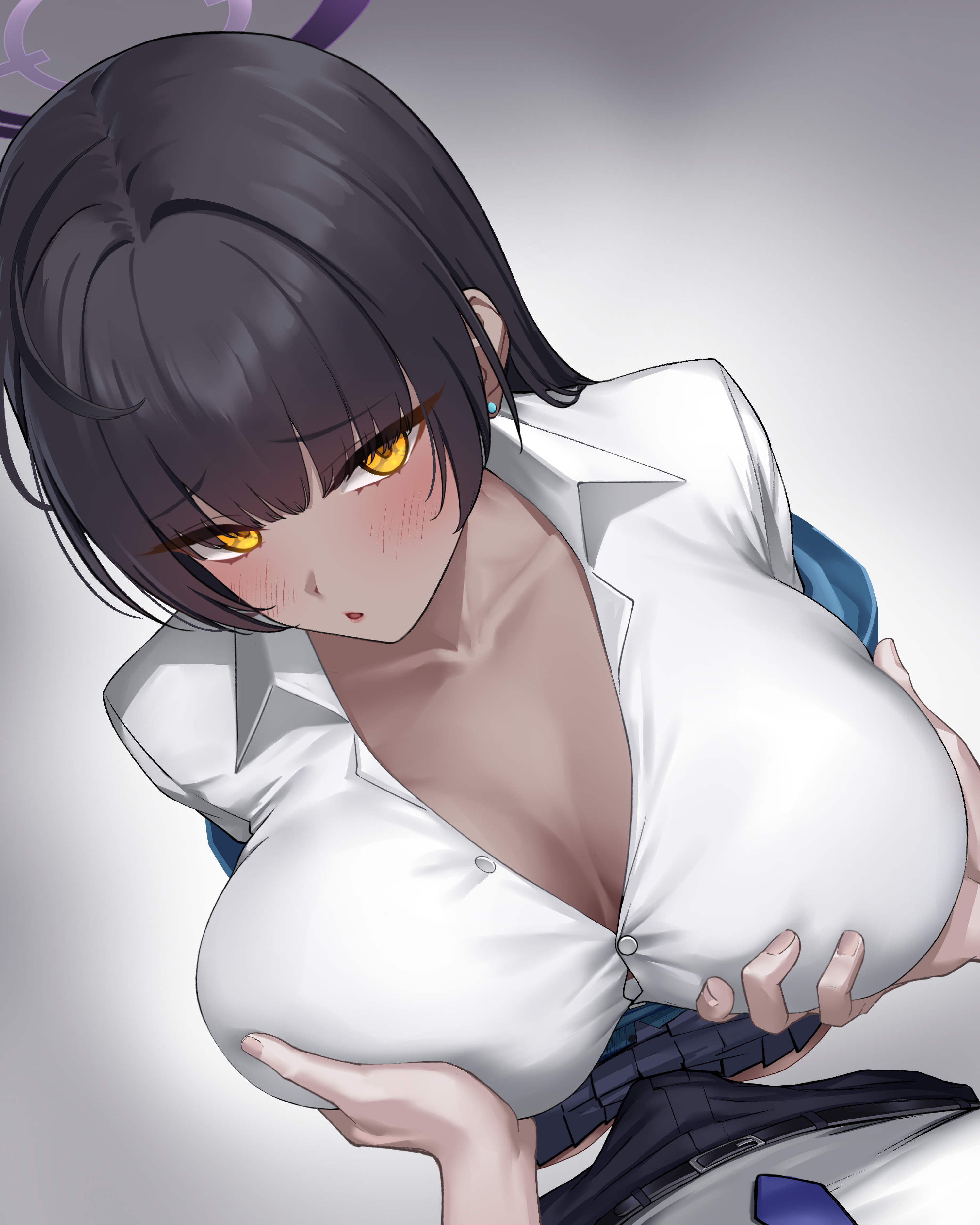 1boy, 1girl, absurdres, aoi riko, black hair, black pants, blue archive, blue cardigan, blue skirt, blush, breasts, bulge, cardigan, cleaning & clearing (blue archive), cleavage, collarbone, dark skin, dark-skinned female, erection, erection under clothes, groping, halo, hetero, highres, jacket, karin (blue archive), karin (school uniform) (blue archive), large breasts, light skin, light-skinned male, looking at viewer, millennium science school student, open clothes, open jacket, pants, shirt, skirt, solo, white shirt, yellow eyes