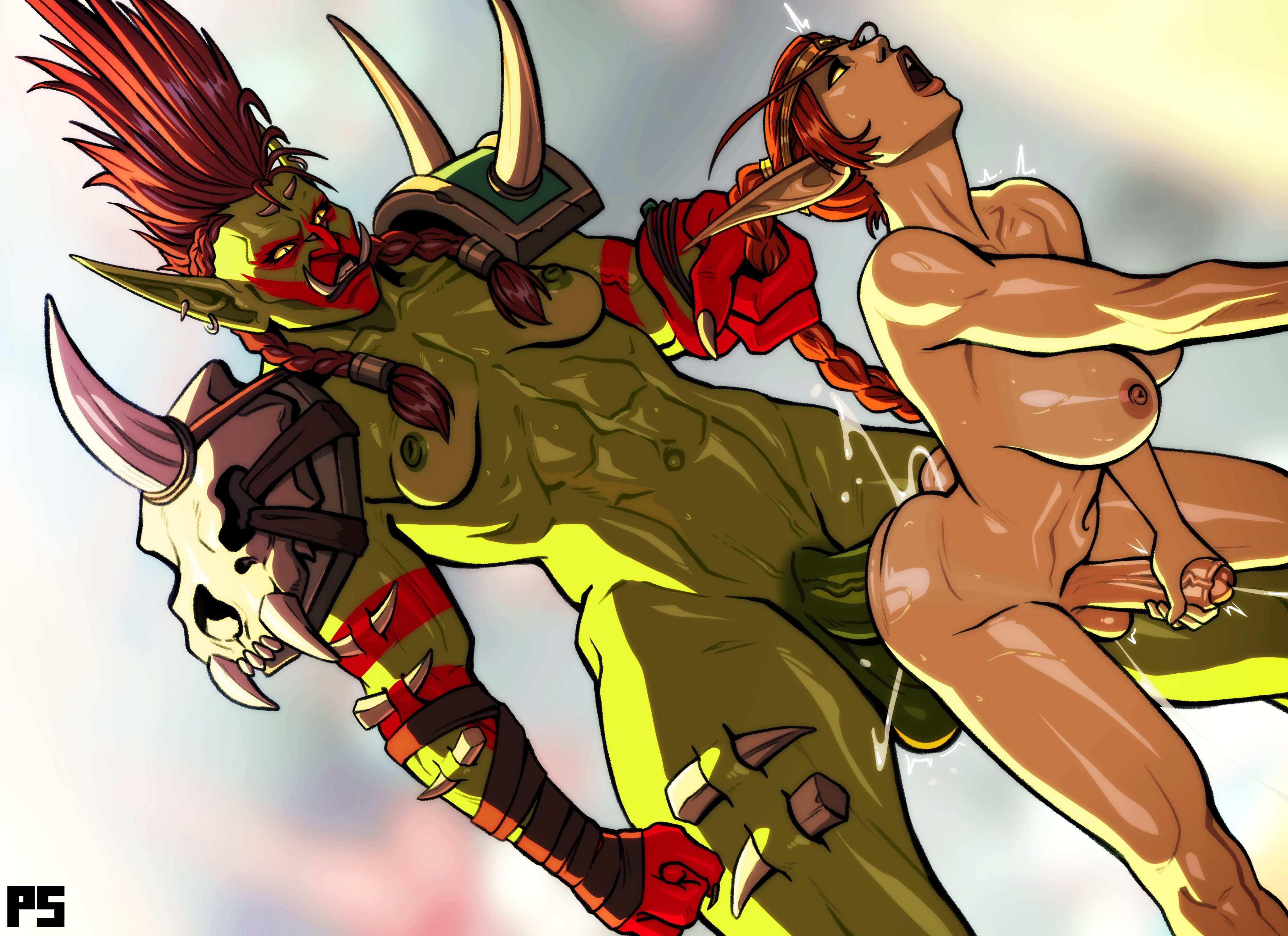 2futas, absurd res, anal, anal penetration, anal sex, areolae, ass, athletic futanari, balls, bent over, blizzard entertainment, blood elf, body paint, braid, breasts, cum, cum in ass, cum inside, dermal piercing, dickgirl, earrings, elf, elf ears, elf futa, empty eyes, from behind, from behind position, futa on futa, futa only, futa/futa, futanari, green skin, hair grab, intersex, lady liadrin, light skin, light-skinned futanari, long ears, long eyebrows, long hair, masturbating while penetrated, masturbation, mohawk (hairstyle), muscular, nipples, nude, nude futa, open mouth, orgasm, orgasm from anal, penetration, penis, penis grab, pointy ears, pumpkinsinclair, red hair, size difference, slit pupils, tiara, toned futanari, tribal, troll (warcraft), tusks, warcraft, world of warcraft, yellow eyes