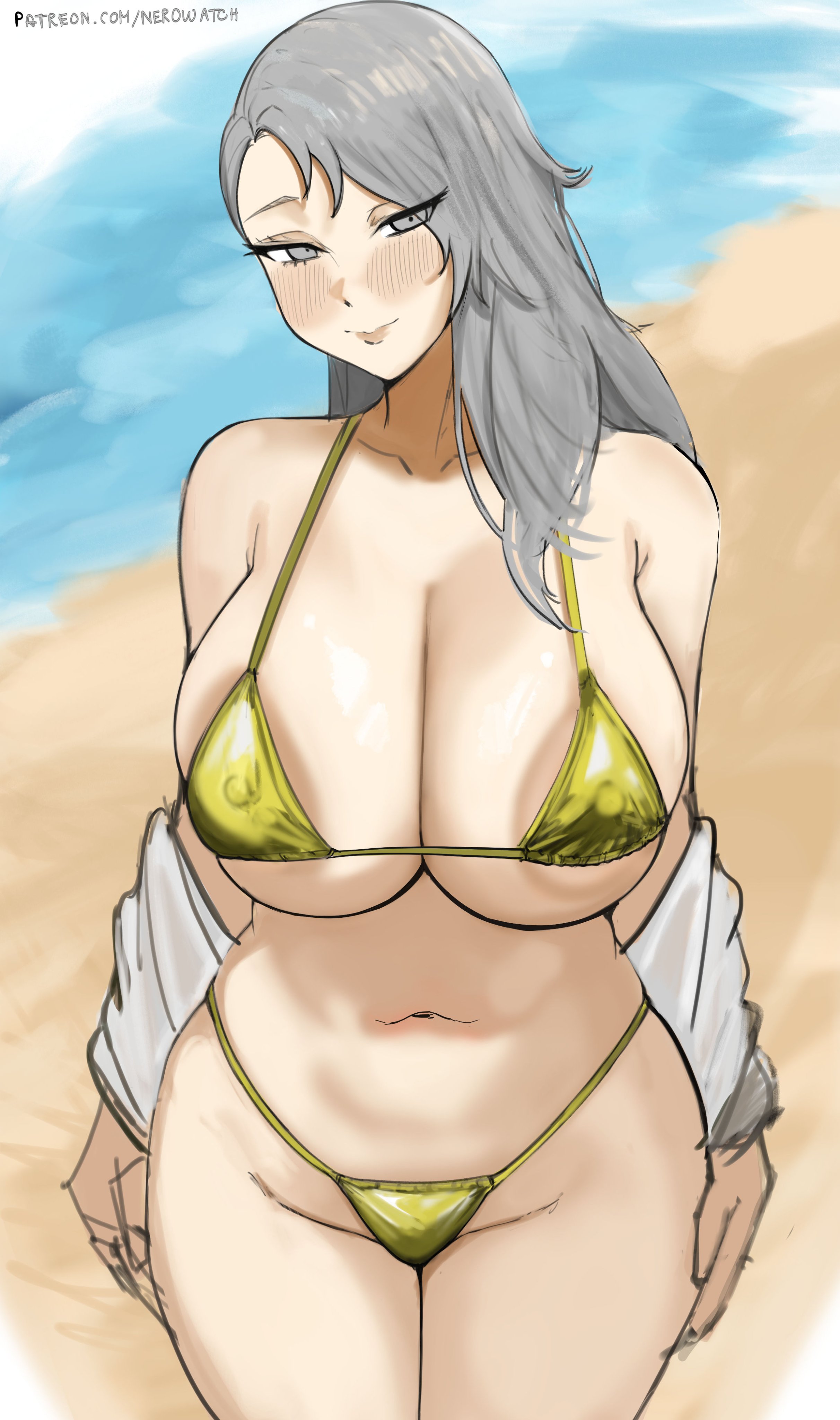 areola slip, beach, blush, closed mouth, collared shirt, dark nipples, gold bikini, highleg bikini, huge breasts, lips, nero watch, off shoulder, off-shoulder shirt, outdoors, patreon url, persona, persona 5, sae niijima, smile, thick thighs, wide thighs