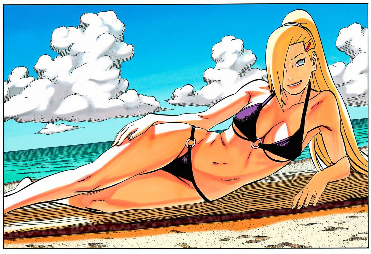 accurate art style, accurate body type, ai generated, beach, big breasts, bikini, bikini bottom, bikini top, blonde hair, gnomro, ino yamanaka, laying on side, manga style, masashi kishimoto style, naruto, naruto (series), outdoors, outside
