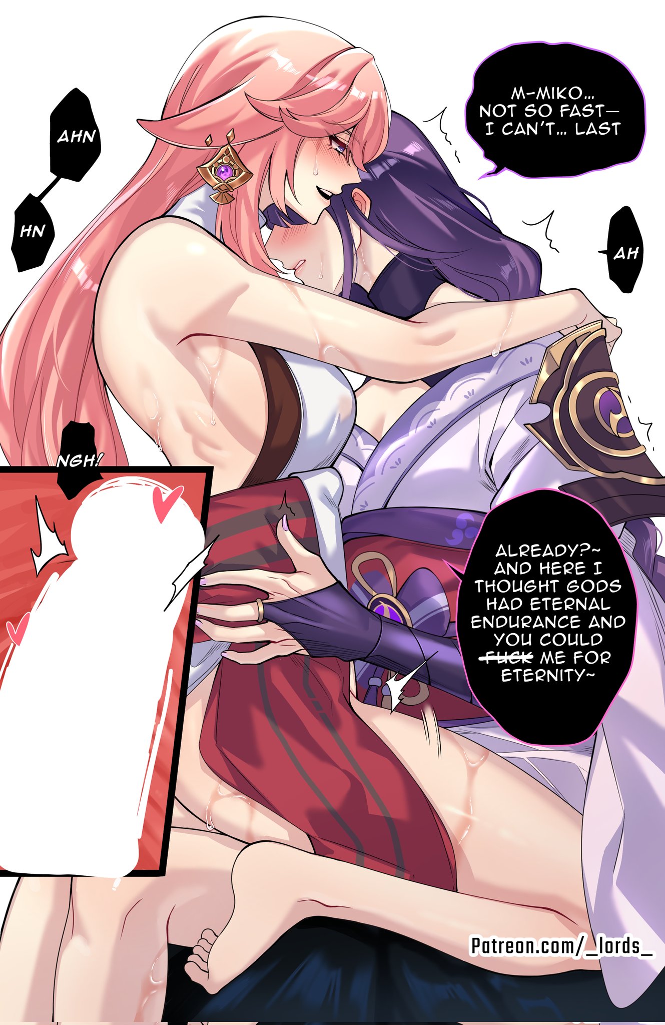  l0rd s, blush, blushing, censored, clothed, clothed sex, clothes, clothing, dickgirl, dominant female, female, female focus, female penetrated, fox ears, fox girl, futa on female, futanari, genshin impact, hoyoverse, long hair, penis, penis in pussy, raiden shogun, sideboob, submissive female, text, vaginal, vaginal penetration, vaginal sex, yae miko