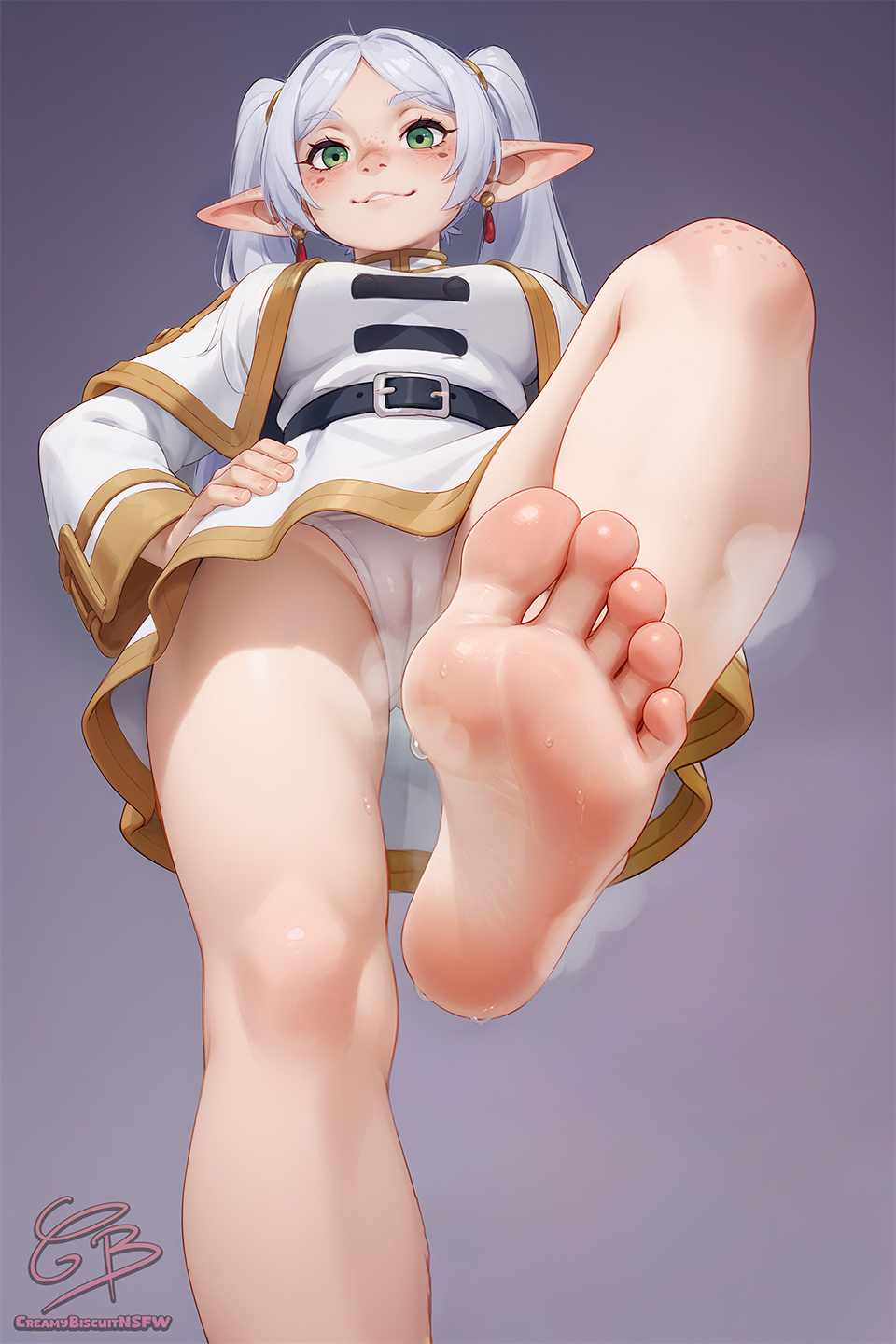 ai assisted, bare legs, barefoot, belt, breasts, cameltoe, creamybiscuit, dress, earrings, elf, feet, foot focus, freckles, frieren, from below, green eyes, jewelry, long hair, panties, pointy ears, smile, soles, sousou no frieren, sweat, toes, twintails, underwear, white panties
