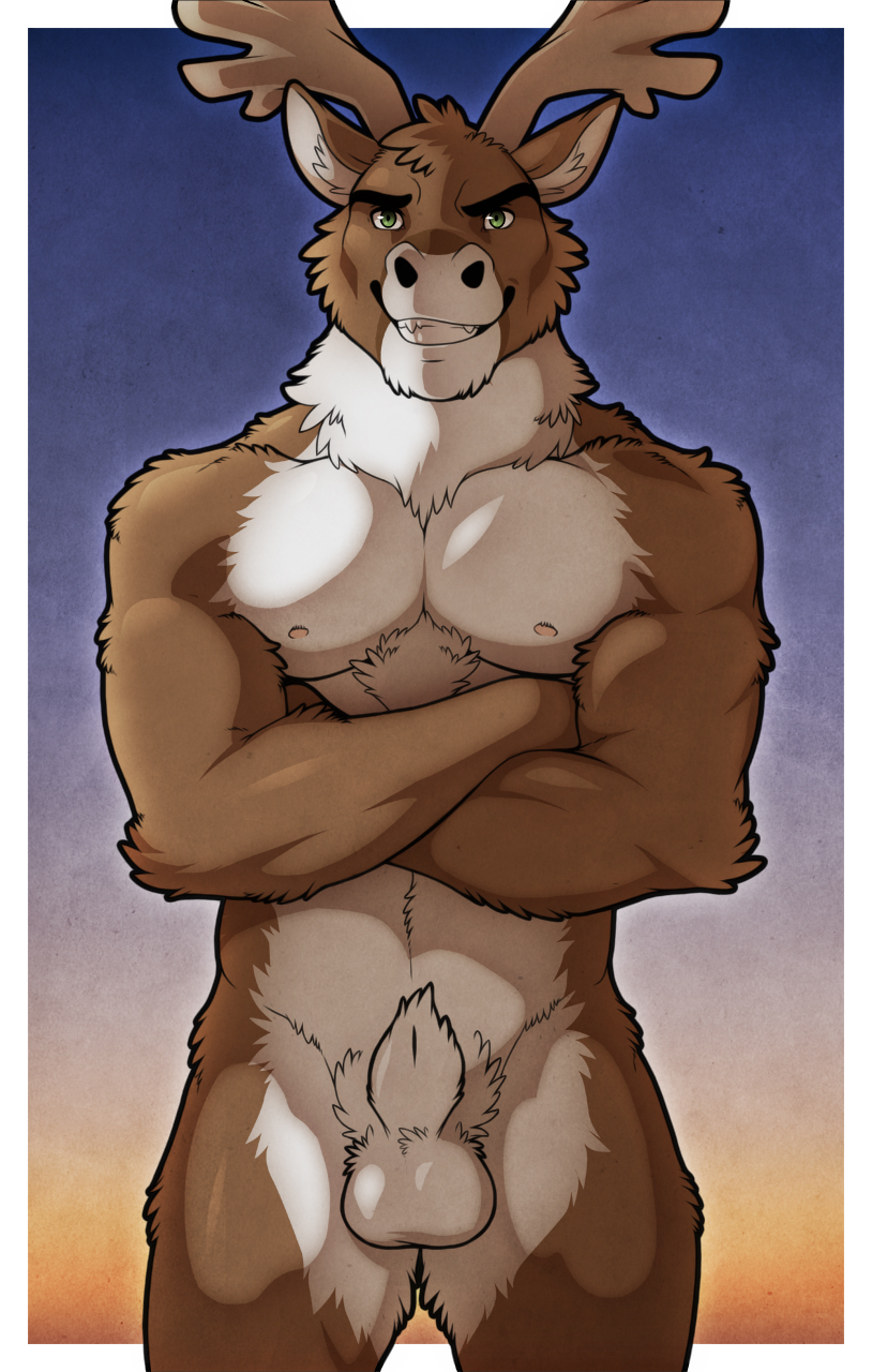 abs aluminemsiren anthro biceps cervine deer fur green_eyes male male_only mammal muscles nipples pecs ruxley teeth