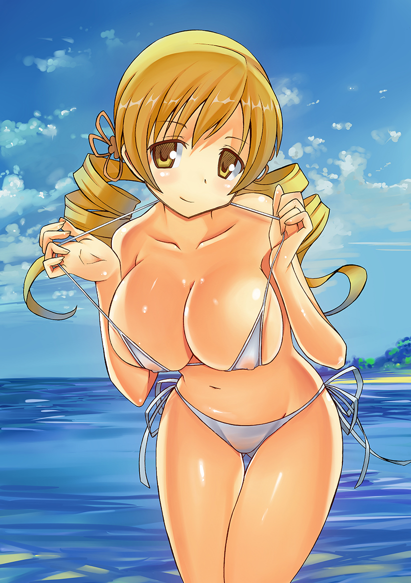 bikini, blonde hair, blush, breasts, drill hair, erect nipples, female, female only, human, kamegon, large breasts, light skin, light-skinned female, long hair, mahou shoujo madoka magica, nipples, ocean, side-tie bikini, smile, solo, solo female, swimsuit, tomoe mami, twin drills, white bikini, white skin, white swimsuit, yellow eyes