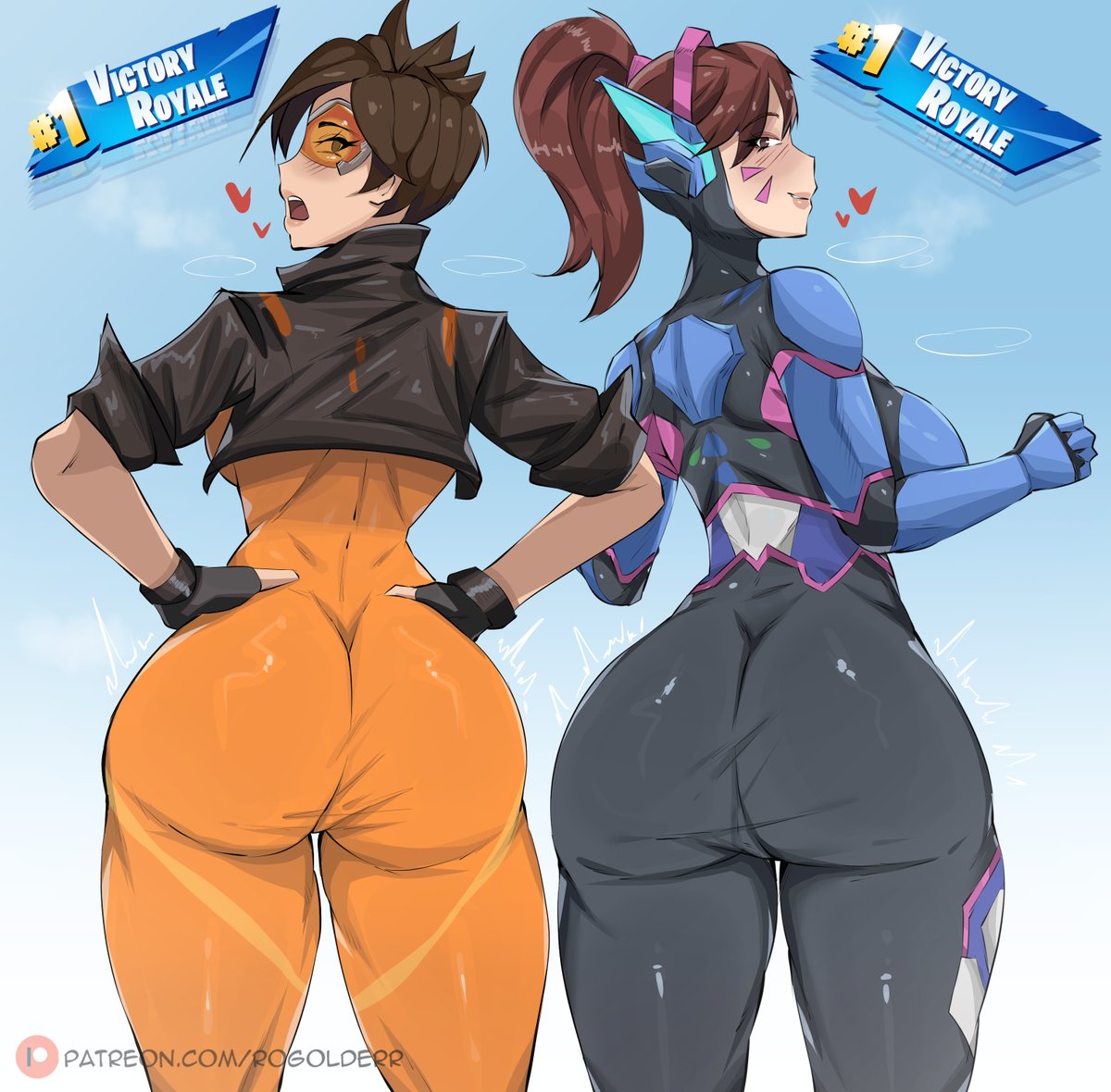 2girls, ass, ass focus, backboob, big ass, big breasts, breasts, collaboration skins, d.va, d.va (fortnite), d.va (overwatch 2 suit), duo, female, female focus, female only, fortnite, fortnite: battle royale, large ass, large breasts, light skin, light-skinned female, looking at viewer, multiple girls, overwatch, overwatch 2, rogolderr, sideboob, thick thighs, thighs, tracer, tracer (fortnite), tracer (overwatch 2 suit), wide hips
