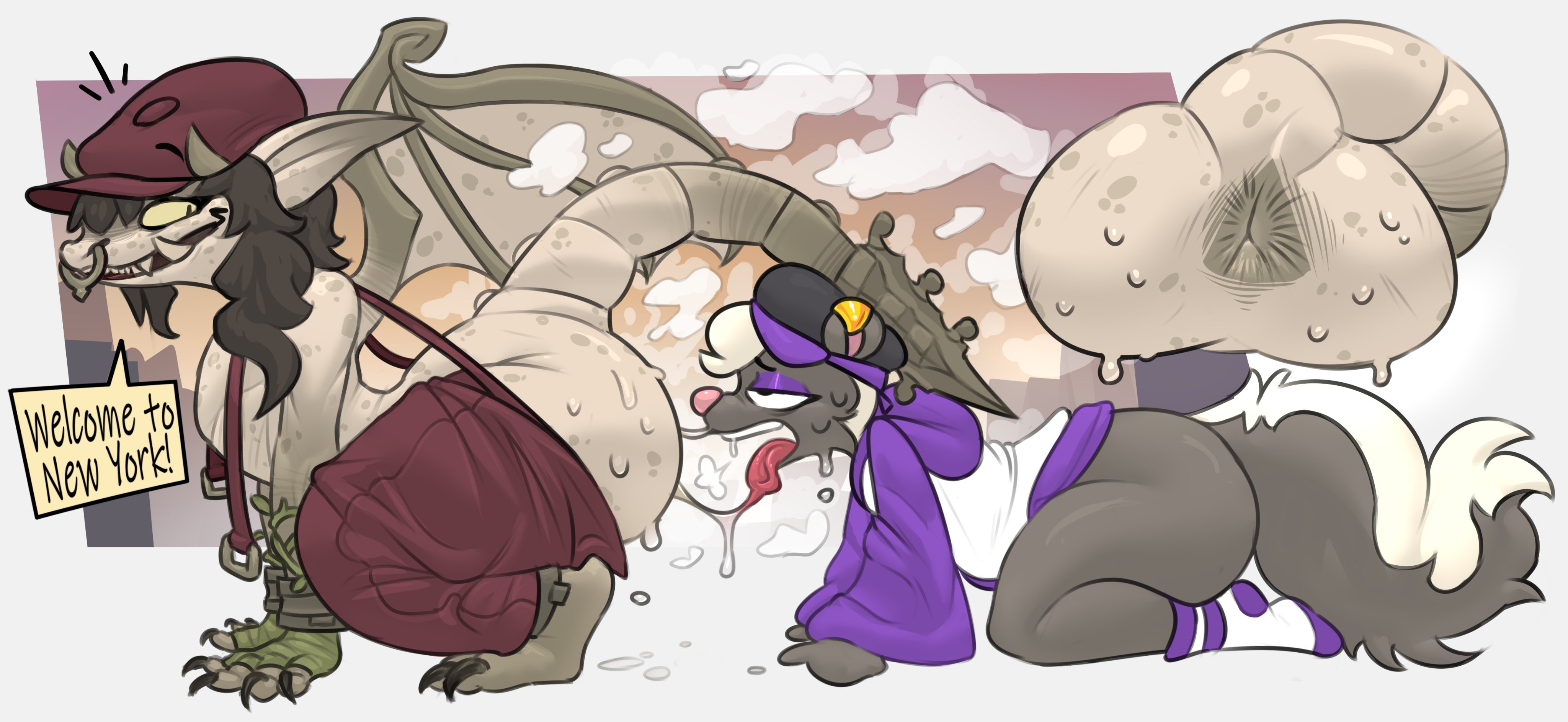 1boy, 1girls, anthro, anus, anus worship, ass, ass focus, ass worship, bent over, big ass, deadlock, dialogue, digital media (artwork), furry, gargoyle, grey body, hat, iamapoliceman, ivy (deadlock), multiple views, overalls, pants down, rimming, saliva, saliva trail, simple background, sniffing, submissive, submissive male, sweat, sweatdrop, valve