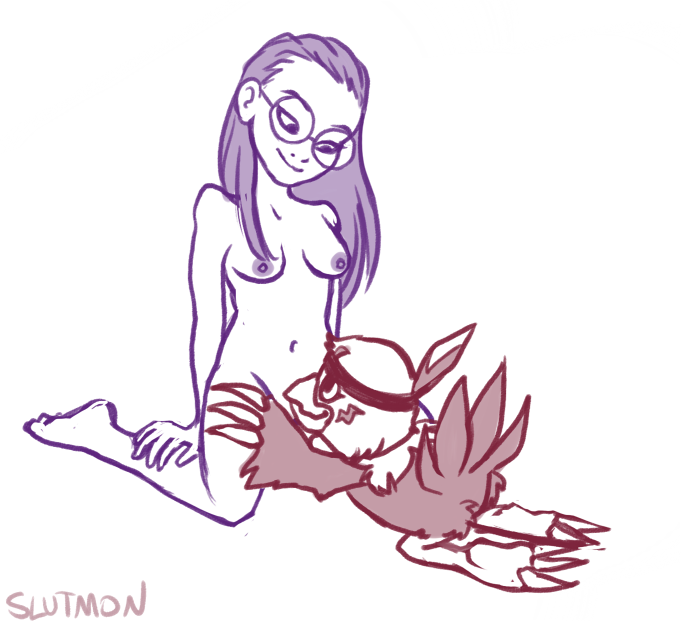 anthro avian beak breasts digimon digimon_(species) duo eye_contact eyewear feathers female glasses hawkmon headband human kneeling looking_down male mammal miyako_inoue nude rear_view size_difference slutmon tail_feathers winged_arms wings