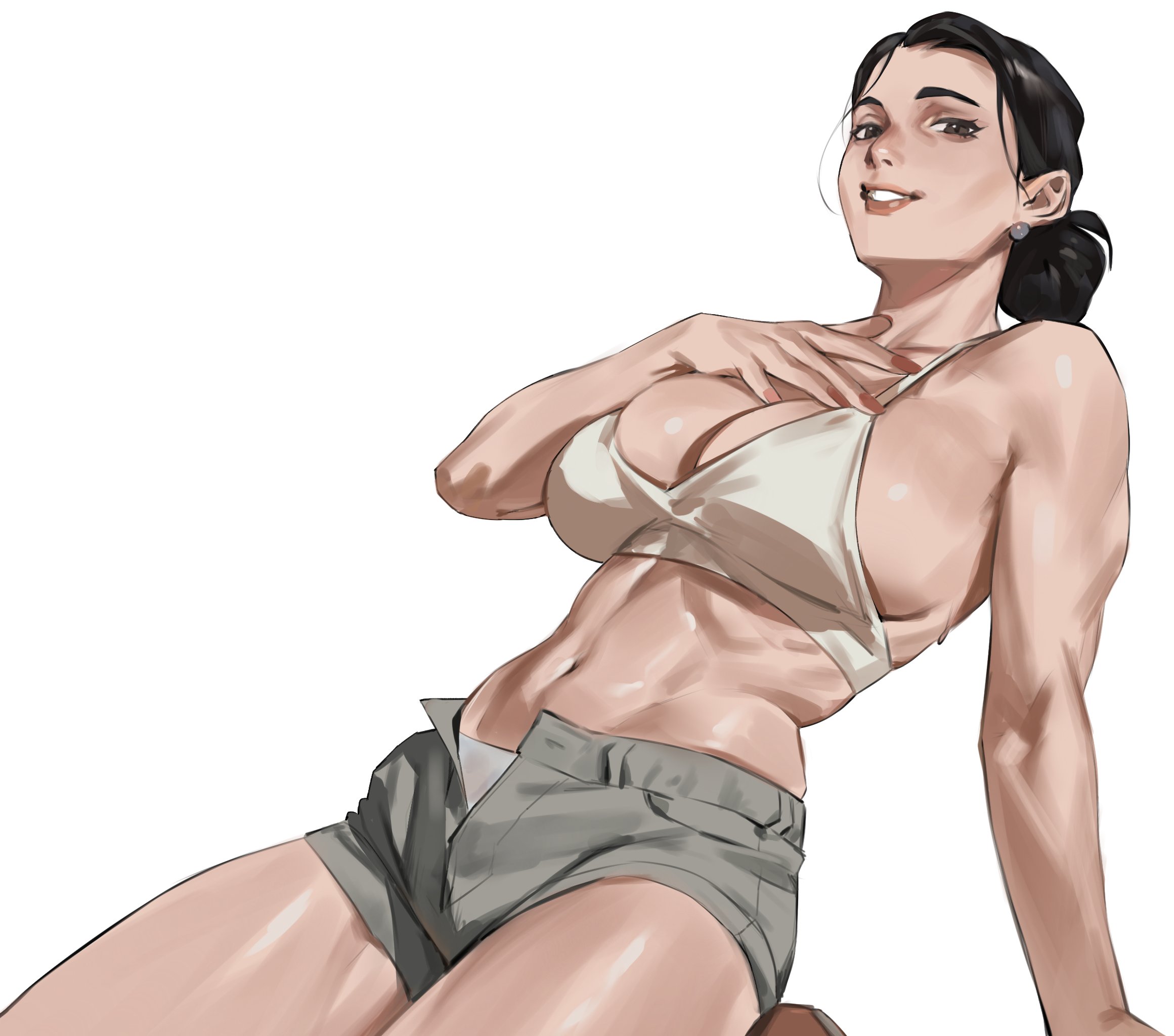 1girls, abs, big breasts, bikini top, black eyes, black hair, bra, breasts, brown eyes, cleavage, cosplay, debbie grayson, enargeia, female, female only, huge breasts, invincible, invincible (tv series), jean shorts, kwon eun-bi (cosplay), large breasts, looking at viewer, midriff, midriff baring shirt, milf, navel, pale skin, revealing clothes, short shorts, shorts, simple background, solo, solo female, sports bra, stomach, taiyang yu, tummy, white background