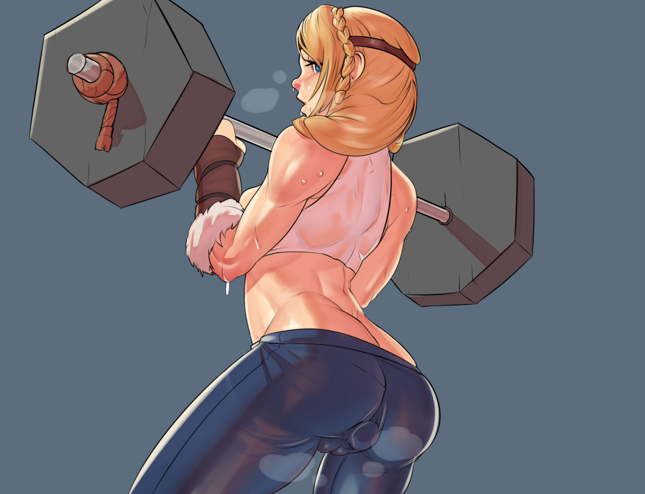 anal insertion, ass, ass crack, astrid hofferson, athletic, athletic female, blonde hair, blue eyes, butt crack, cameltoe, female, female only, gloves, how to train your dragon, john doe, long hair, pussy, solo, standing, tank top, weightlifting