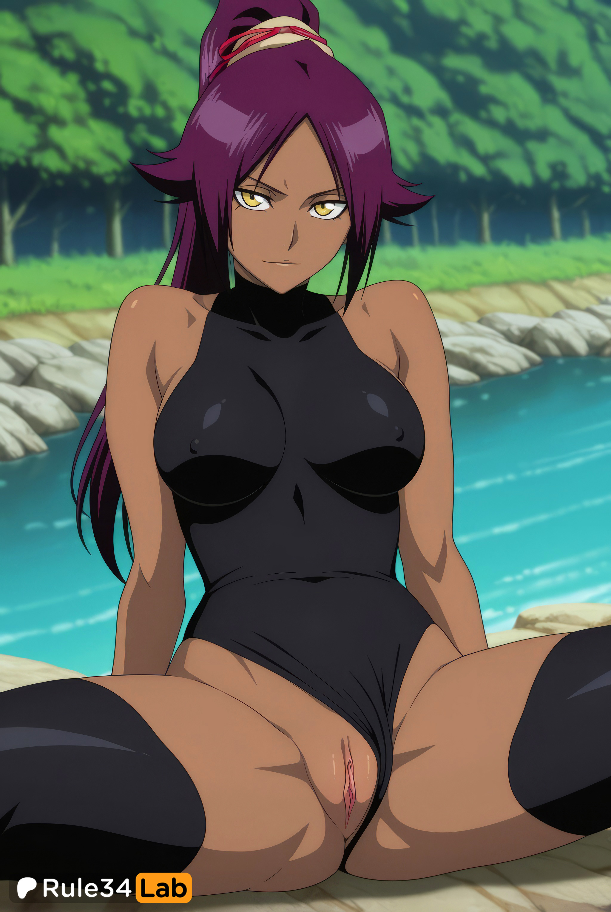 1girls, ai generated, anime coloring, arm support, artist name, bare shoulders, black leotard, black thighhighs, bleach, bleach: the thousand-year blood war, blurry, blurry background, breasts, clitoris, closed mouth, clothing aside, collarbone, covered nipples, dark skin, dark-skinned female, female human, hi res, large breasts, leotard, leotard aside, long hair, looking at viewer, outdoors, parted bangs, patreon logo, ponytail, purple hair, pussy, rule34lab, shihouin yoruichi, sitting, smile, solo, spread legs, thighhighs, tree, uncensored, water, yellow eyes