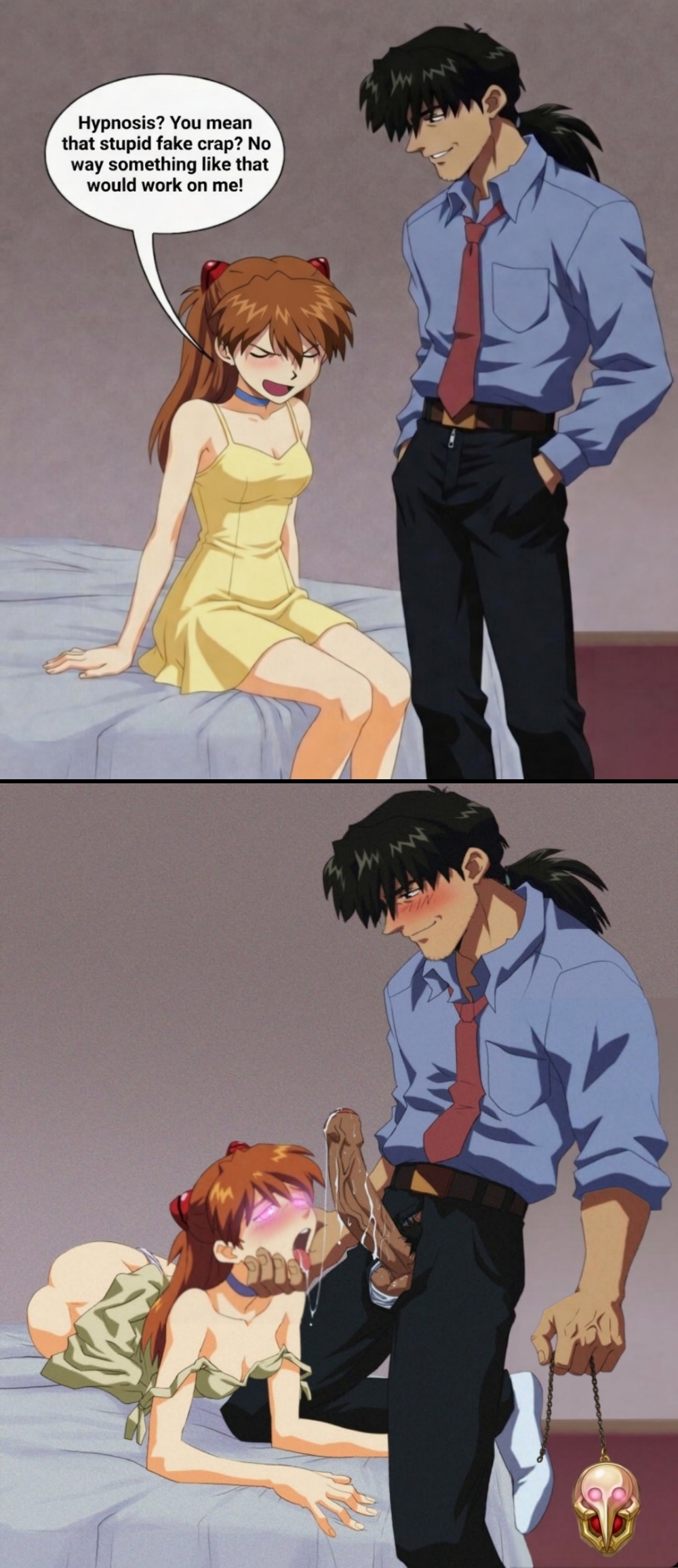 amondetauro, asuka langley sohryu, brainwashed, brainwashing, bratty, bratty correction, cleavage, cock, drool, drool string, drooling, edit, entranced, femsub, glowing eyes, hypnosis, hypnotized, maledom, maledom/femsub, manip, neon genesis evangelion, pendulum, penis, pink eyes, ryoji kaji, saliva, sundress