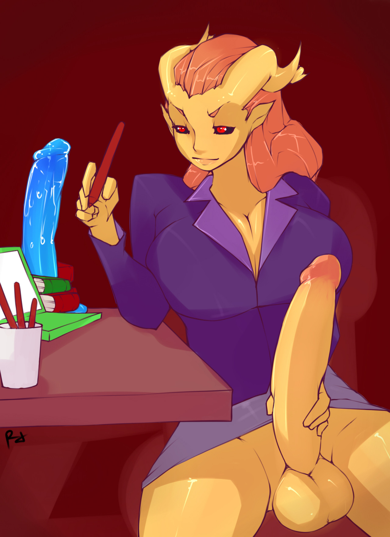 1futa, balls, black sclera, cleavage, demon, dildo, erection, futa only, futanari, hair, horns, intersex, large penis, long hair, no panties, orange hair, penis, pointy ears, r4, red eyes, sex toy, sitting, solo, testicles, yellow skin