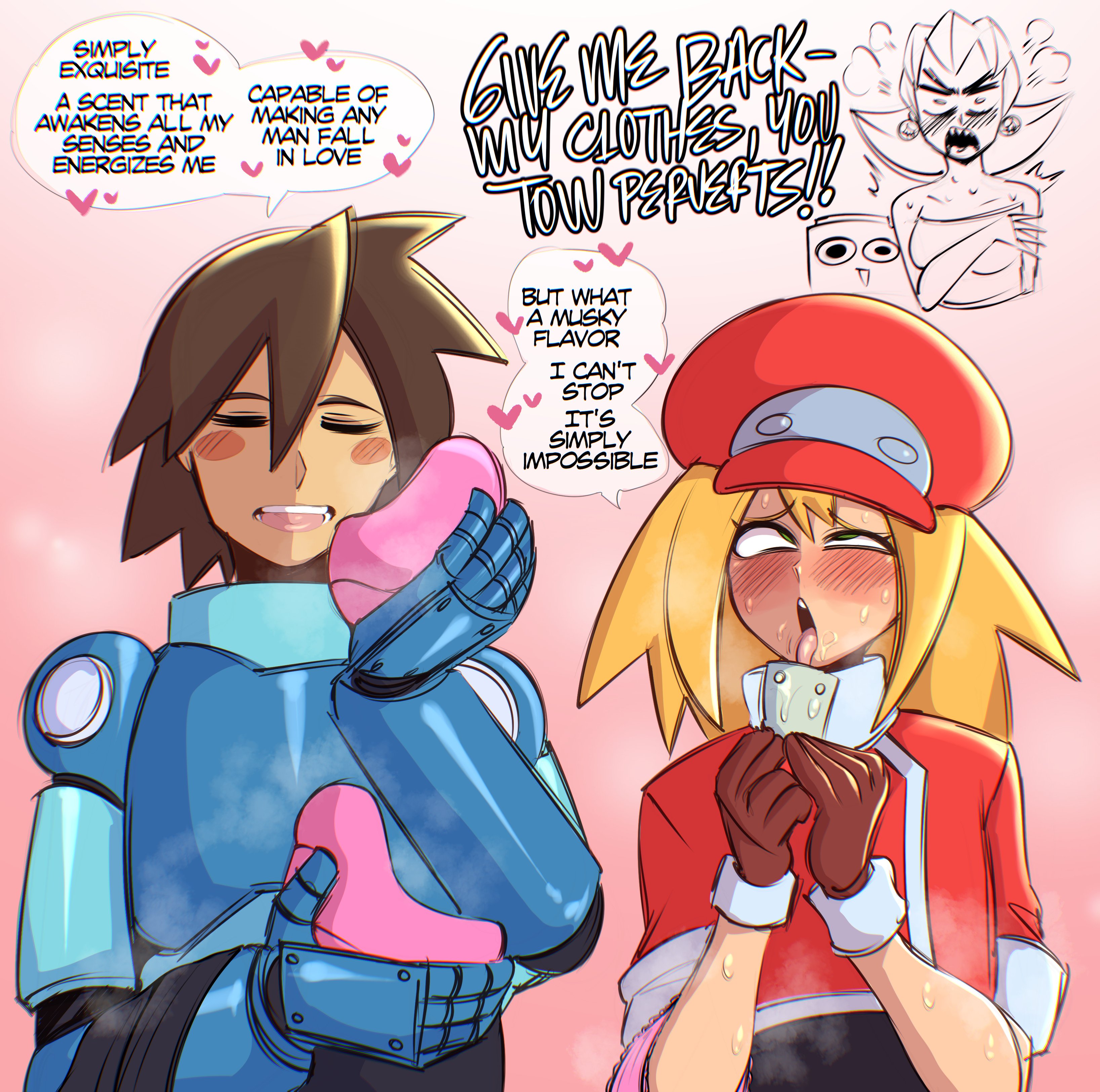 <3, 1boy, 1girls, angry, angry face, blonde hair, blush, brown hair, capcom, cheek spots, dialogue, english text, eyes rolling back, female, green eyes, heavy breathing, licking, male, mega man, mega man legends, mega man volnutt, naughty face, open mouth, roll caskett, saltyxodium, speech bubble, steam, text, tongue out, tron bonne, very high resolution