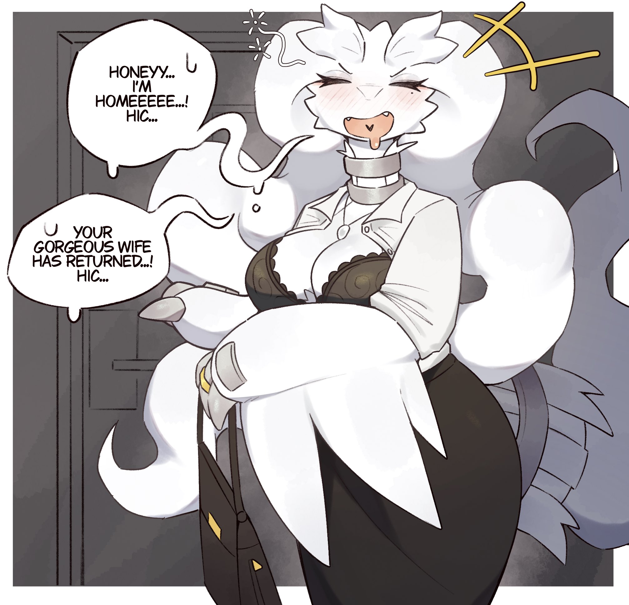 1girls, 2026, anthro, big breasts, biped, blush, breasts, claws, cleavage, closed eyes, clothed, clothed anthro, clothed female, clothing, crossbar emanata, dialogue, digit ring, digital media (artwork), dress, drunk, emanata, english text, exclamation point, eyelashes, female, female only, fur, generation 5 pokemon, hi res, jewelry, legendary pokemon, looking back, mature female, milf, mole, mole under eye, nintendo, open mouth, open smile, pokemon, pokemon (species), purse, reshiram, ring, smile, solo, speech bubble, substance intoxication, svkhaiminh, tail, text, tongue, wedding ring, white body, white fur, white tail