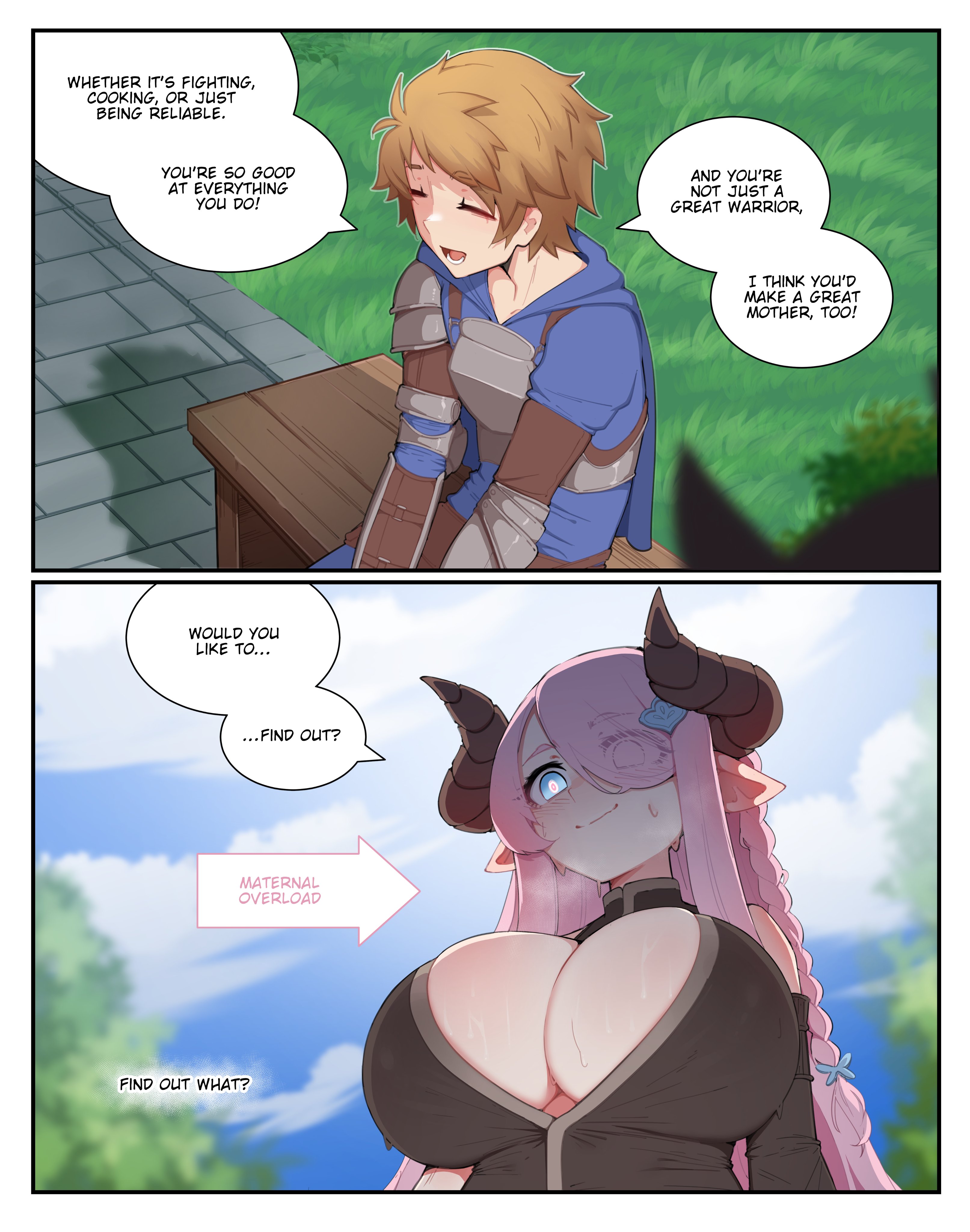 1boy, 1girls, absurd res, big breasts, blush, brown hair, closed eyes, dialogue, draph, english text, eye visible through hair, female, gran (granblue fantasy), granblue fantasy, hair over one eye, hairclip, horns, horny, horny female, imminent sex, inner sideboob, long hair, luxurias, male, narmaya (granblue fantasy), pink hair, pointy ears, smile, speech bubble, sweat