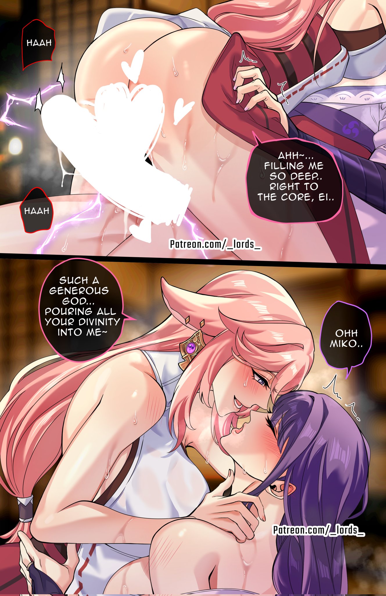  l0rd s, after sex, aftersex, blush, blushing, censored, clothed, clothed sex, clothes, clothing, dickgirl, dominant female, electric, electricity, female, female focus, female penetrated, fox ears, fox girl, futa on female, futanari, genshin impact, hoyoverse, long hair, penis, penis in pussy, raiden shogun, sideboob, submissive female, text, vaginal, vaginal penetration, vaginal sex, yae miko