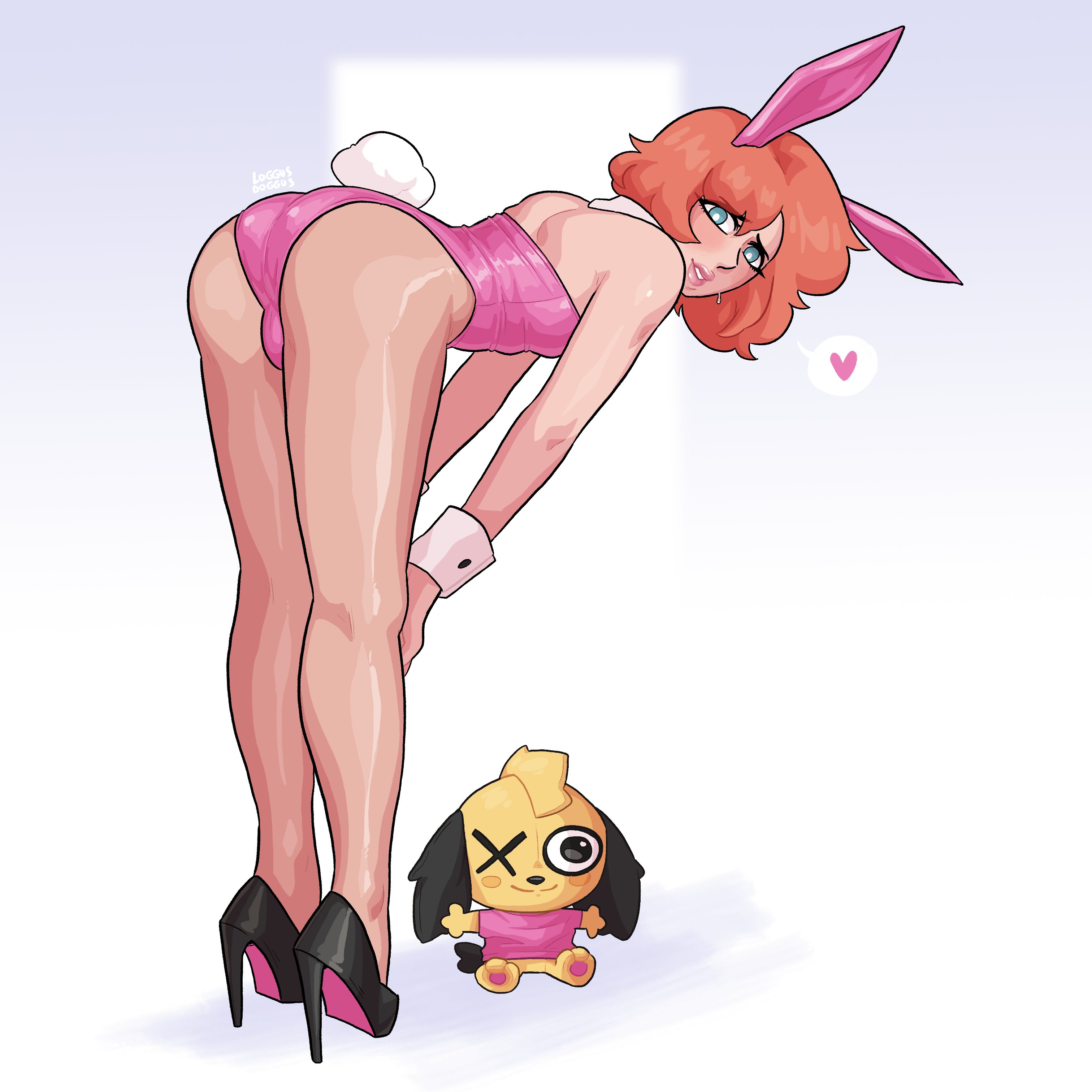 <3, 1boy, ass, bent over, blue eyes, bunny ears, bunny tail, bunnysuit, cuffs (clothing), femboy, feminine male, full body, girly, heels, high heels, loggus doggus, male, male only, olivia (loggus doggus), orange hair, original, plushie, solo, spoken heart, transgender, transgender woman, very high resolution, wrist cuffs