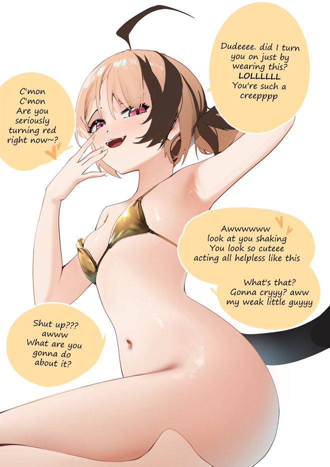 :d, 1girls, ass visible through thighs, bikini top only, blush, bottomless, brat, dialogue, english text, female, female only, gigi murin, gold bikini, hololive, hololive english, hololive english -justice-, large ass, laughing, light skin, light-skinned female, mesugaki, no panties, open mouth, pitespear, small breasts, smile, solo, teeth, text, thick thighs, virtual youtuber, wide hips