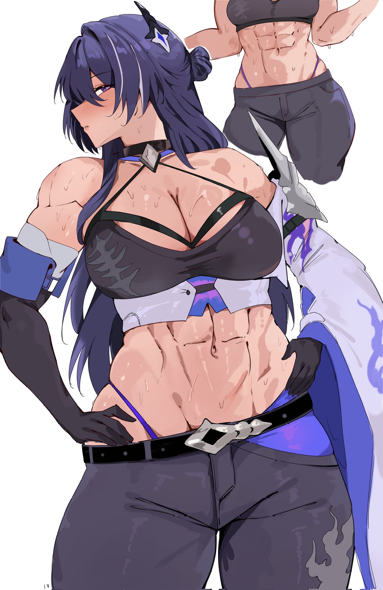abs, acheron (honkai: star rail), arnkun, athletic, athletic female, big boobs, big breasts, big tits, blush, blushing, boobs, breasts, cleavage, clothed, clothes, clothing, female, female focus, female only, glistening, glistening body, gloves, hips, honkai (series), honkai: star rail, hoyoverse, long hair, looking at viewer, muscular, muscular female, panties, sweat, sweatdrop, sweating, thick hips, tits, wide hips