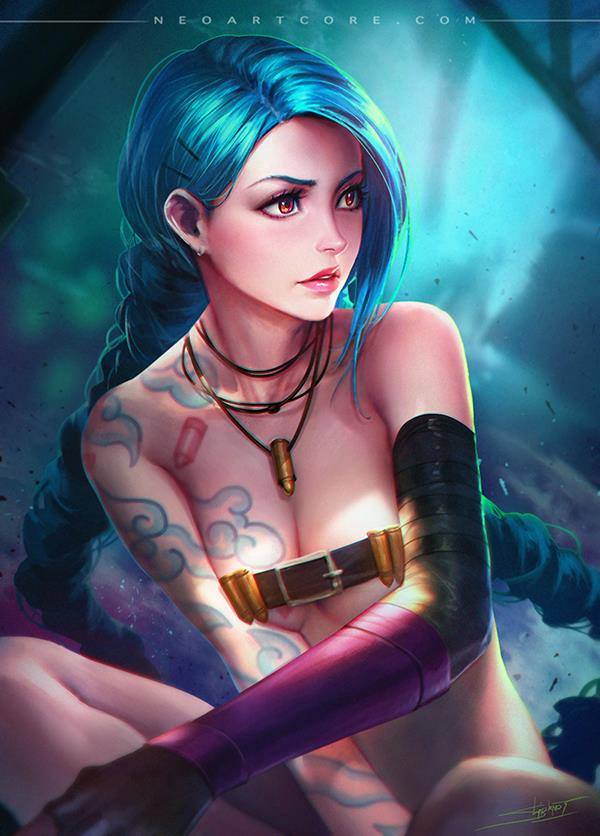blue hair, breasts, cleavage, collarbone, female, female only, human, jinx (league of legends), league of legends, long hair, medium breasts, neoartcore, nude, orange eyes, riot games, sitting, solo, tattoo, underboob