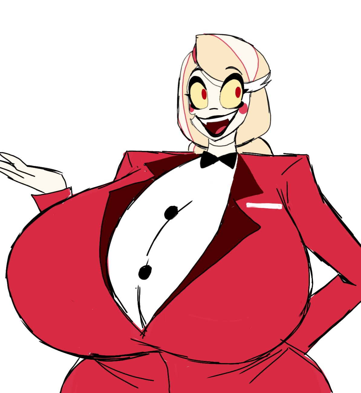 1girls, 2d, 2d (artwork), alternate breast size, big breasts, blonde hair, blonde hair female, charlie morningstar (hazbin hotel), demon, demon girl, fangs, female, female focus, female only, hazbin hotel, large breasts, momiji (artist), non-human, smile, solo, solo female, solo focus, suit, white background, white skin, white skinned female, wide hips