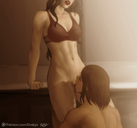 2girls, asami sato, avatar legends, black hair, bra, breasts, brown hair, canon couple, cleavage, cunnilingus, dark skin, dark-skinned female, drakyx, female, female only, hourglass figure, human, interracial, korra, lesbian, licking, long hair, medium breasts, multiple females, multiple girls, navel, oral, short hair, smooth skin, standing, the avatar, the legend of korra, water tribe, yuri