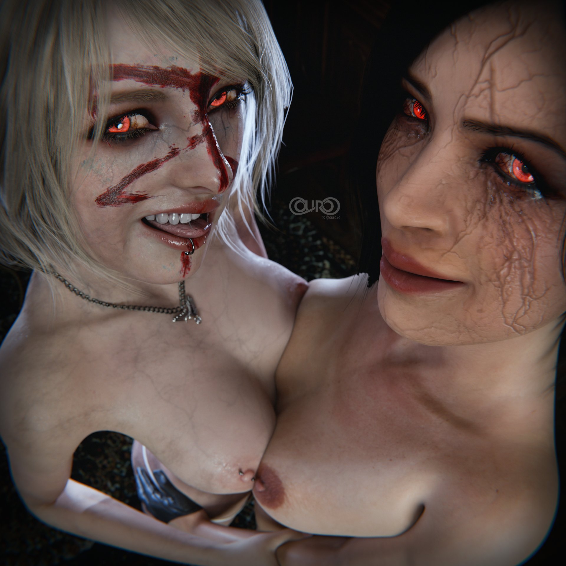 2girls, 3d, ada wong, alternate version at source, alternate version available, ashley graham, ashley graham (ella freya), asian, asian female, big breasts, black hair, blonde hair, breast to breast, breasts, capcom, corrupted, corruption, face markings, facepaint, female, female only, infected, las plagas, lip piercing, necklace, nipple piercing, nipples, ouro3d, red eyes, resident evil, resident evil 4, resident evil 4 remake, tongue, tongue out, zombification
