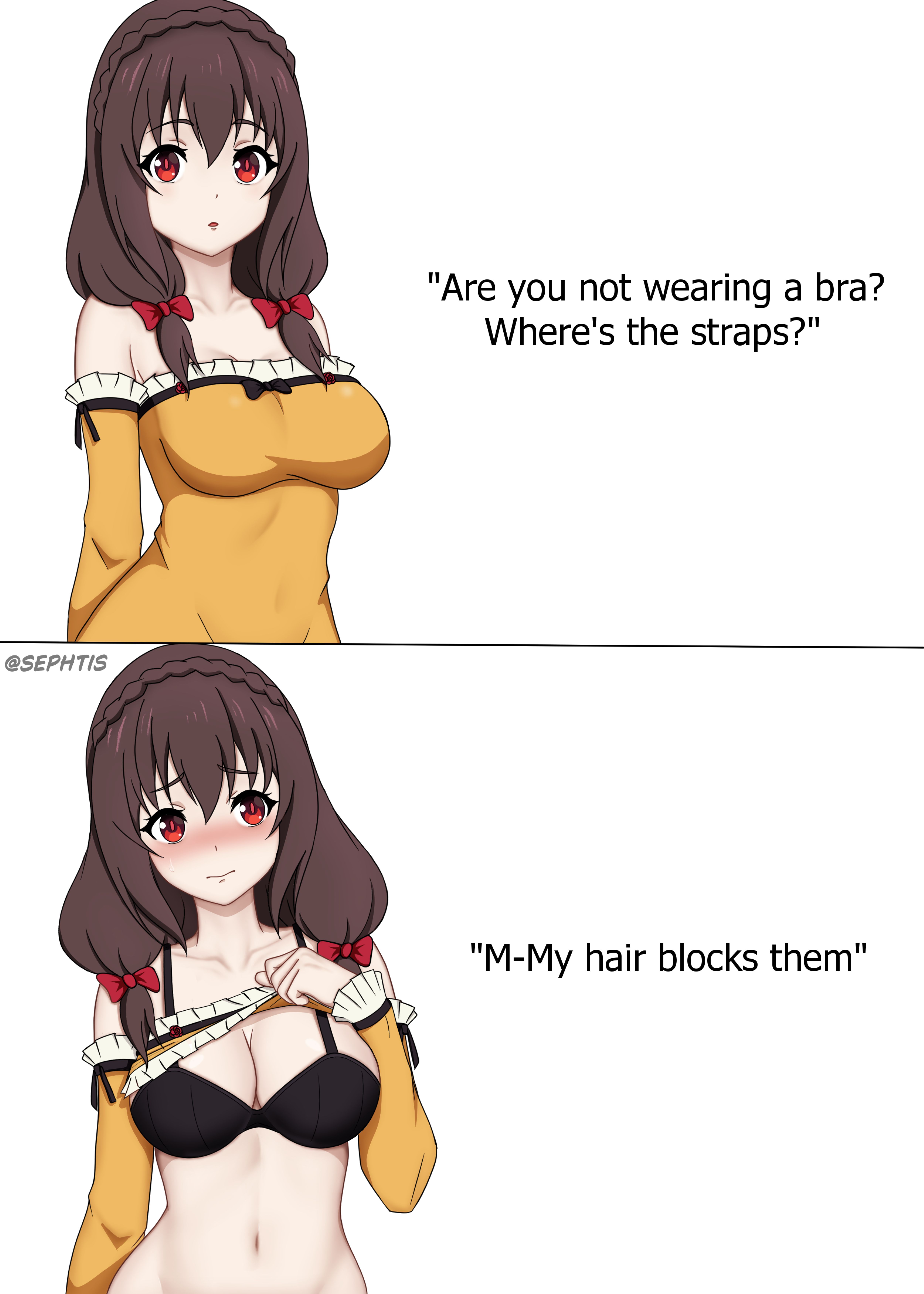 :o, 1girls, 2d, 2d (artwork), 2d artwork, anime, anime character, areolae, arm behind back, background, bare belly, bare chest, bare hands, bare hips, bare midriff, bare navel, bare shoulders, bare skin, belly, belly button, big boobs, big breasts, blank background, blush face, blushing, blushing at viewer, blushing female, braid, braided hair, braids, breasts, brown hair, brown-haired female, busty, busty female, busty girl, busty teen, busty teenager, clothes, clothes aside, clothes lift, clothes pull, clothes pulled aside, collarbone, conversation, dialogue, digital, digital art, digital drawing, digital drawing (artwork), digital media, digital media (artwork), drawing, dress, dress lift, dress pull, elbows, embarrassed, embarrassed exposed female, embarrassed expression, embarrassed female, embarrassed naked female, embarrassed nude female, embarrassed underwear female, english, english dialogue, english text, exposed belly, exposed chest, exposed hips, exposed midriff, exposed navel, exposed shoulders, exposed skin, exposing, exposing breasts, exposing chest, exposing self, eyebrows visible through hair, fanart, female, female focus, female only, fingers, flushed, flushed cheeks, flushed face, flustered, flustered female, hair between eyes, half up braid, hand behind back, hourglass figure, kono subarashii sekai ni shukufuku wo!, konosuba, large boobs, large breasts, lean figure, long hair, looking at viewer, manga character, midriff, monotone background, narrow waist, navel, nipples, one color background, open mouth, orange clothes, orange dress, orange outfit, orange topwear, outfit, parted lips, plain background, portrait, presenting breasts, red eyes, red-eyed female, revealing breasts, scarlet eyes, sephtis, shoulders, showing breasts, showing chest, slender body, slender waist, slim female, slim waist, solid color background, solo, speaking, speaking to viewer, standing, studio deen, talking, talking to viewer, teen girl, teenage female, teenage girl, teenage tits, teenager, text, tied hair, topwear, topwear aside, topwear lift, topwear pull, twintails, twintails (hairstyle), undressing, undressing self, upper body, white background, wide hips, young female, young woman, yunyun (konosuba)