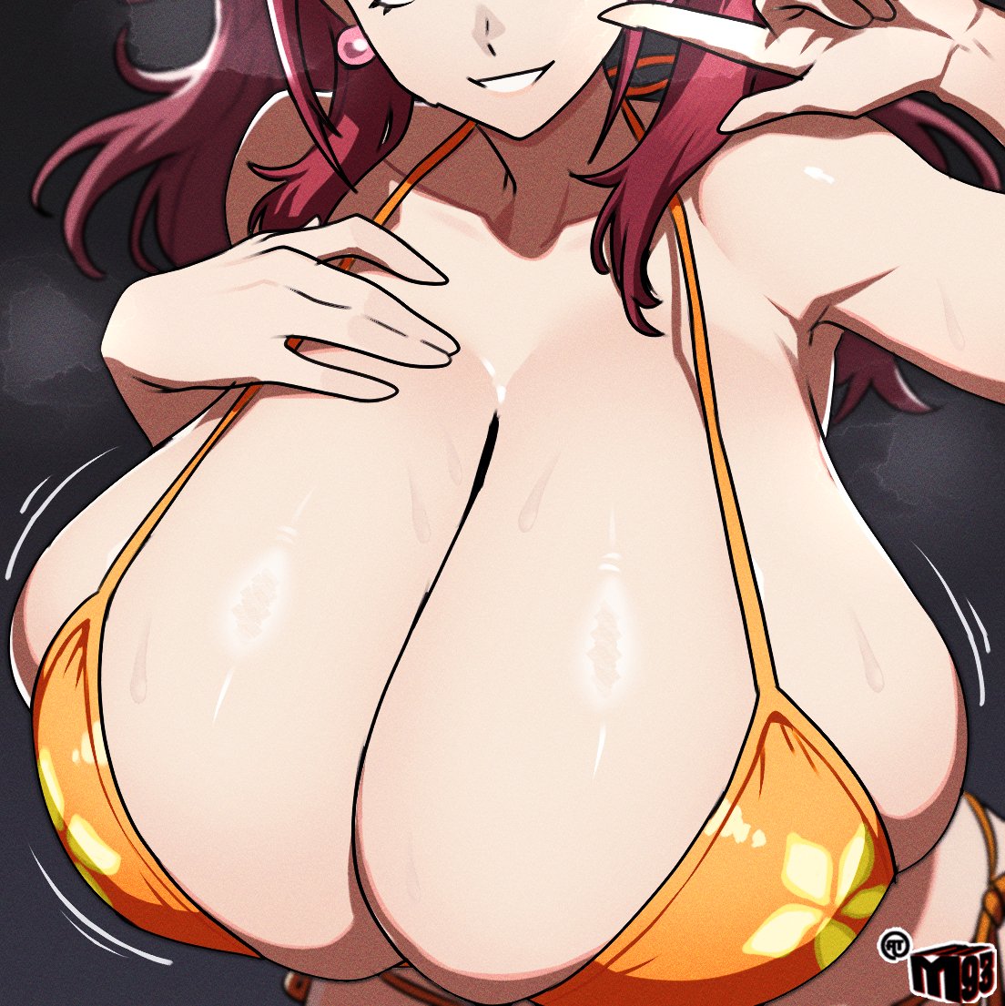 bikini, breast spillage, breasts, brown hair, cleavage, earrings, eyes out of frame, female, female only, gigantic breasts, grin, huge breasts, kujikawa rise, long hair, mewmaster93, orange bikini, persona, persona 4, v