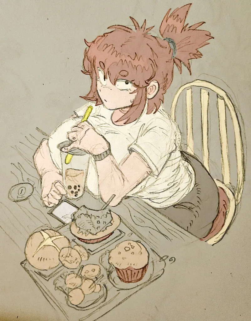 auburn hair, big breasts, breasts, breasts on table, chubby female, colored, colored sketch, dumb girl, fat ass, fatass, food, friday night funkin, friday night funkin mod, funny, girlfriend (friday night funkin), huge ass, huge breasts, korean nooby (artist), looking at viewer, massacre girlfriend (friday night funkin), millie (mistful crimson morning), mistful crimson morning, oc, sitting, thick thighs, wide hips
